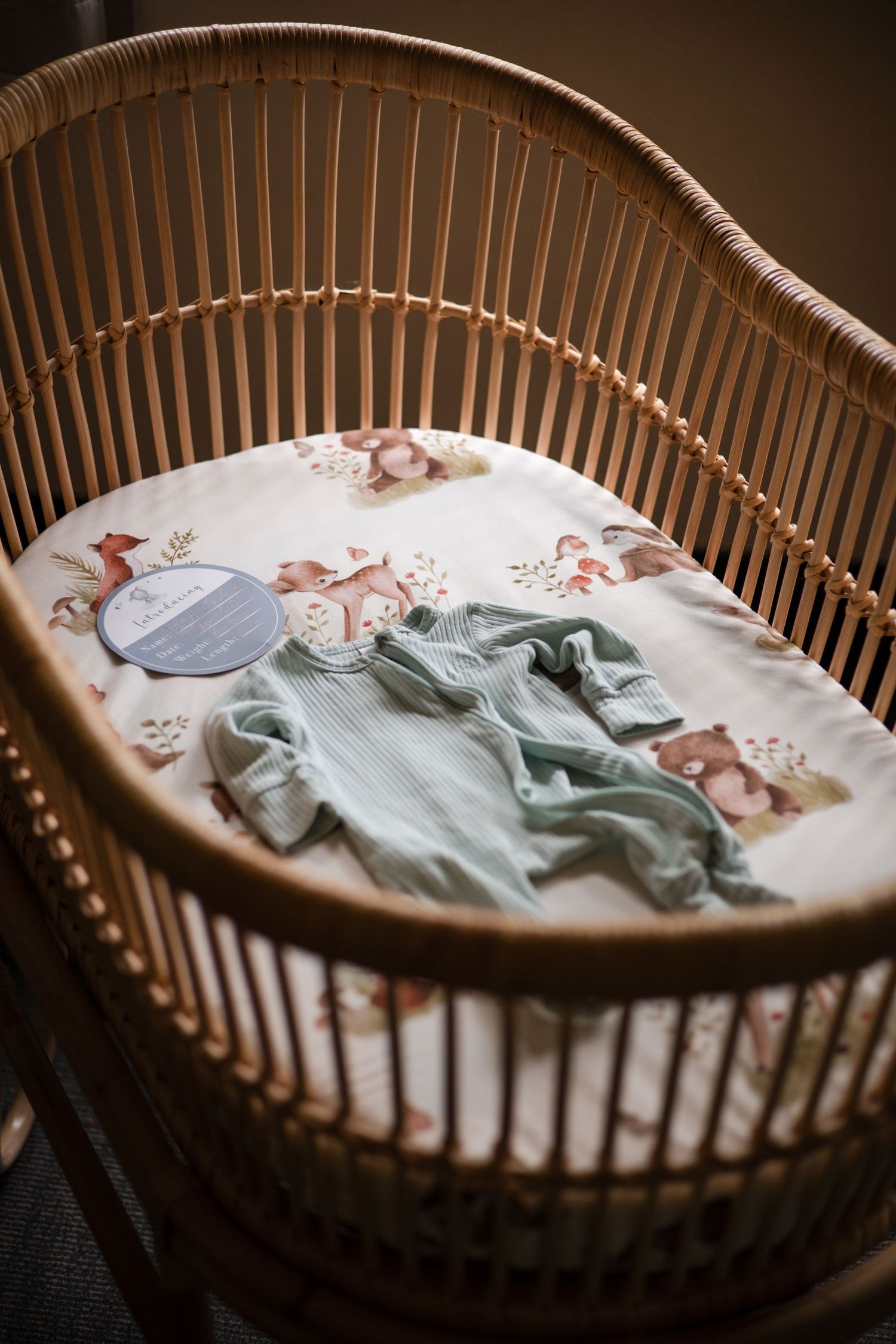 Wicker bassinet with woodland animal fitted sheet, sage green baby romper, and round keepsake item displayed inside.