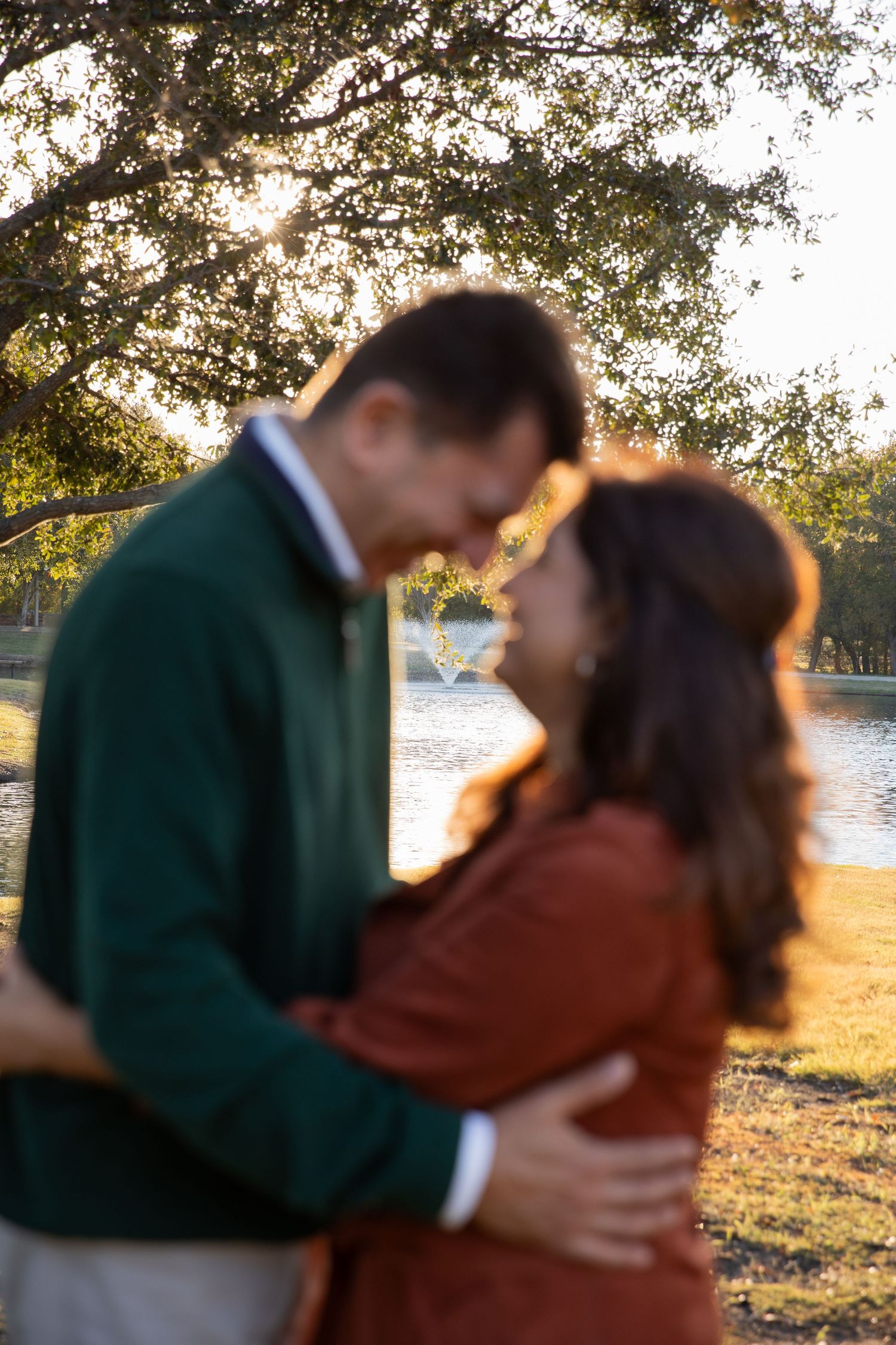 Romantic sunset photos under trees near a lake.