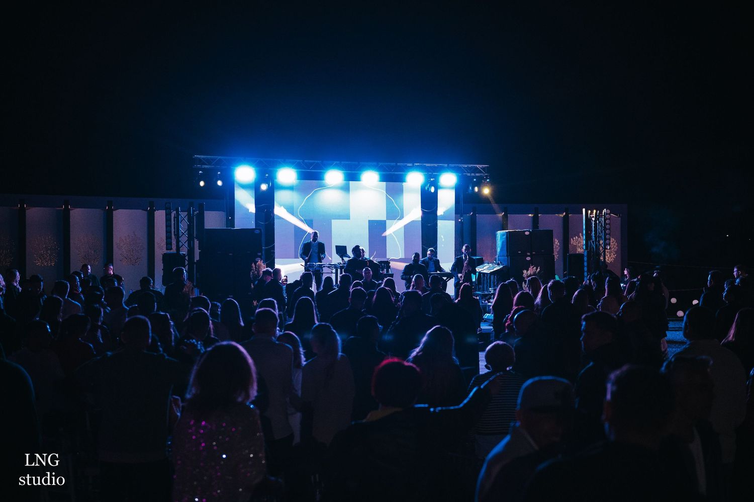 Concert crowd silhouetted against blue stage lights during nighttime performance.