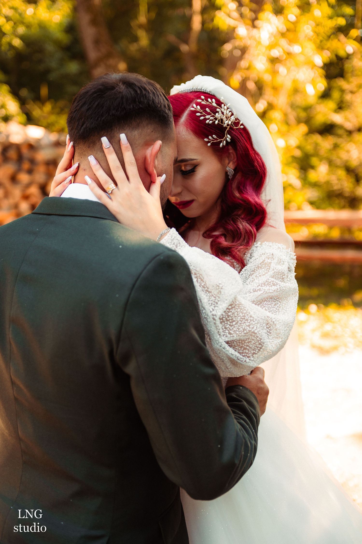 Intimate wedding couple portraits showing tender moments in warm sunset lighting.