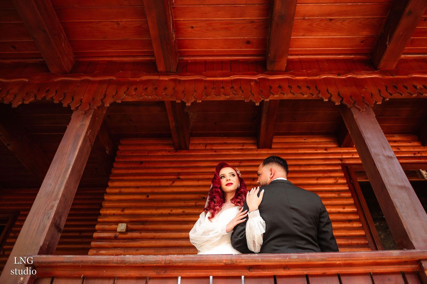Artistic wedding photography sequence showing intimate moments in rustic wooden interior.