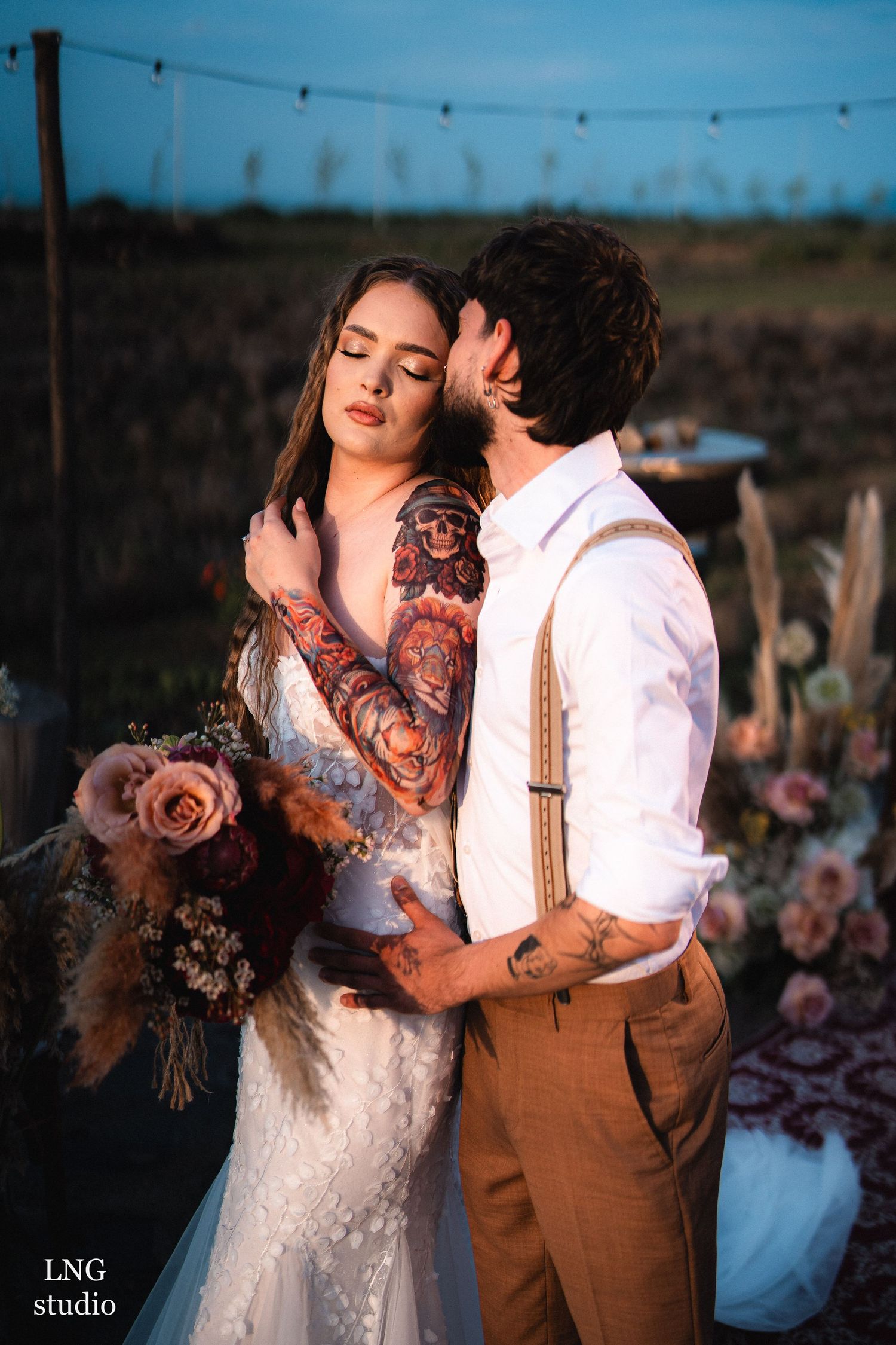 Romantic wedding photoshoot sequence showing couple dancing at sunset with string lights and floral decorations in background.
