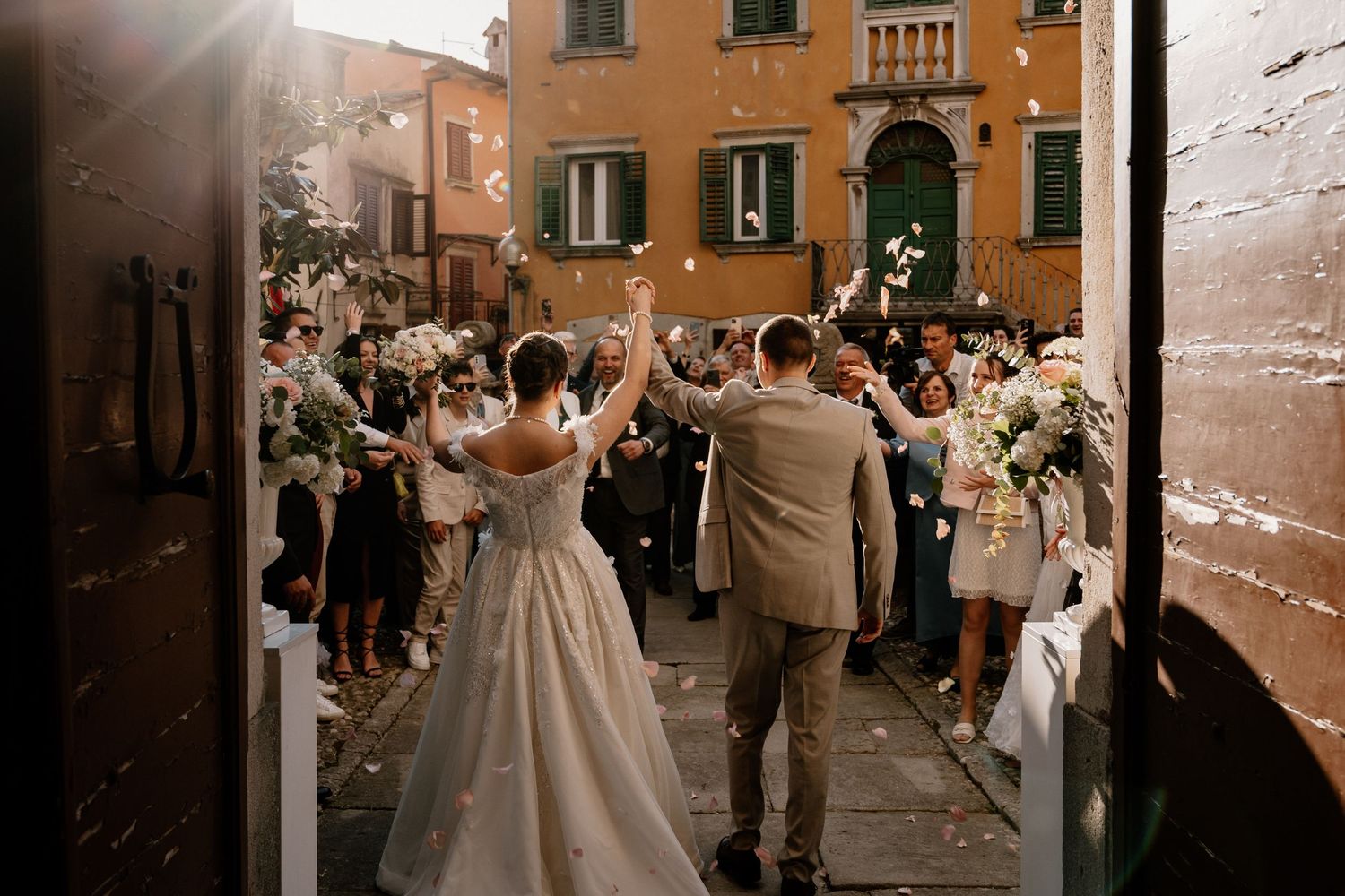 Newlyweds exiting the church after their wedding ceremony in Istria, Croatia