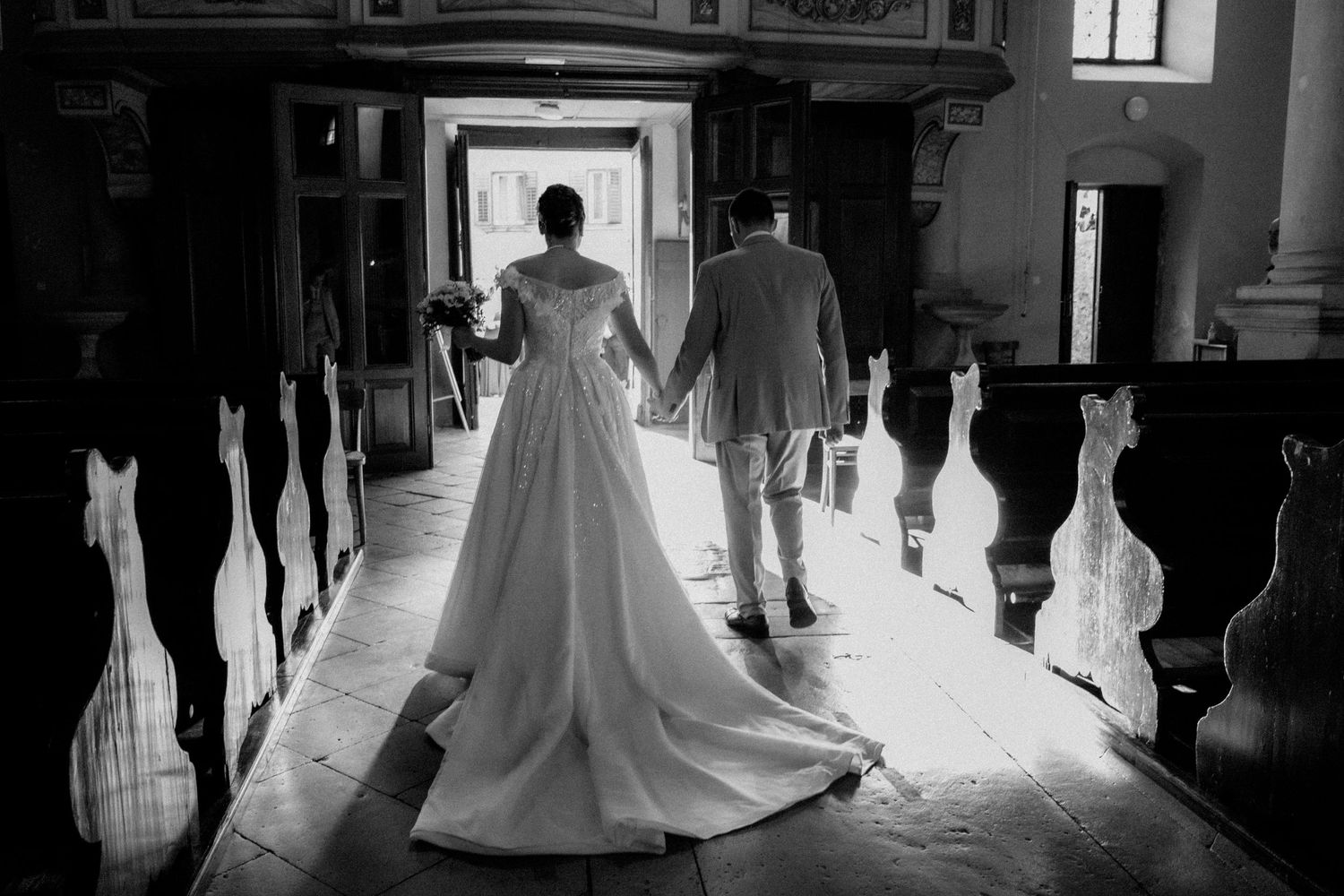 Newlyweds exiting the church and enjoying special moments together – Restaurant & Villa Morgan, Istra, Croatia
