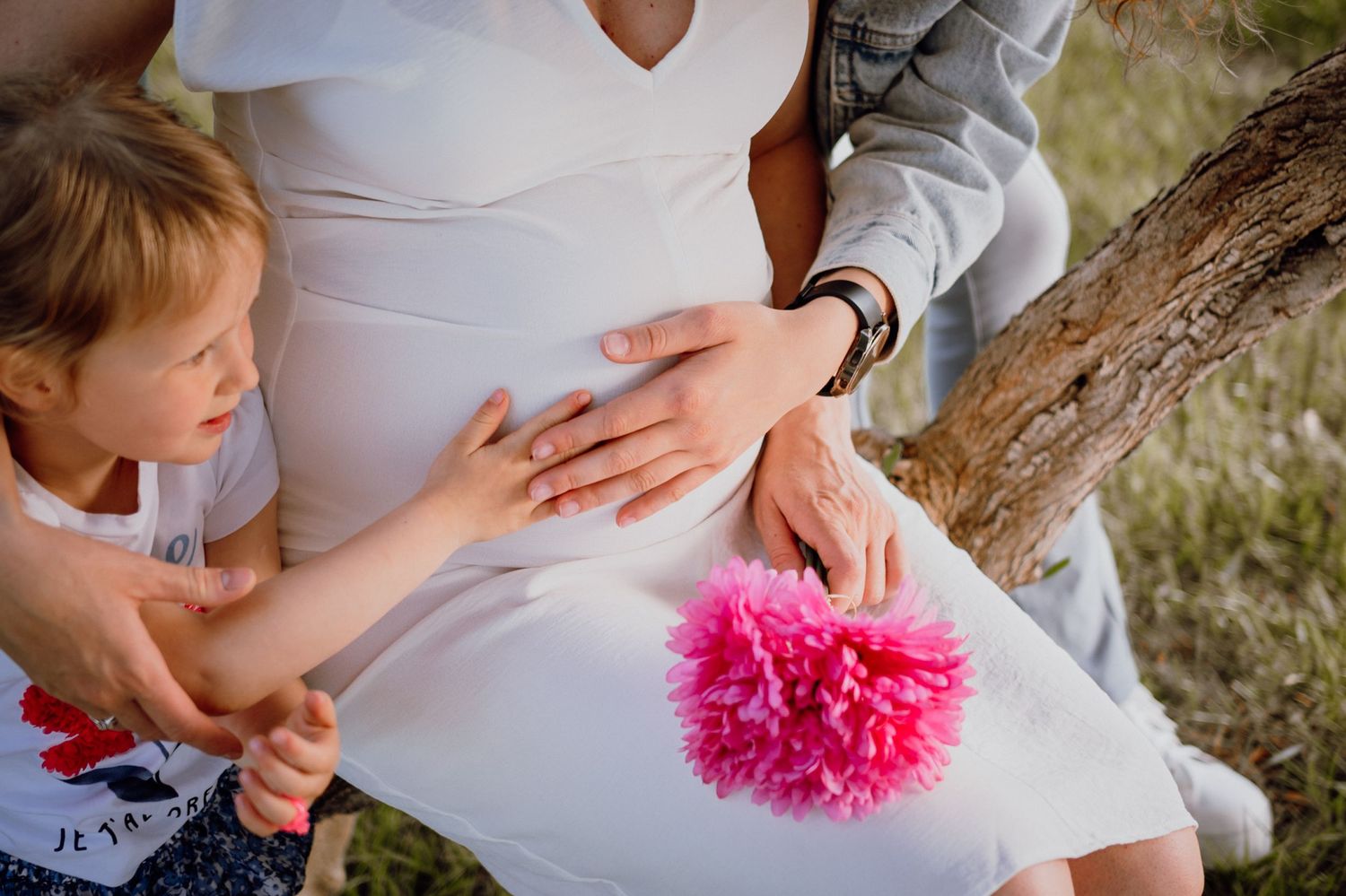 Expecting family walking together among olive trees – maternity and family photoshoot, Istria