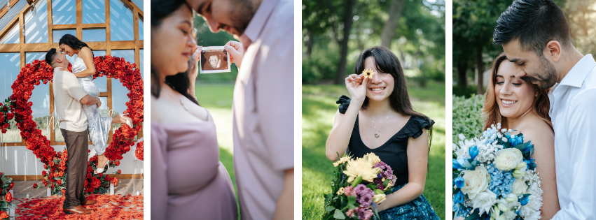Romantic couple embracing near heart-shaped floral arch, outdoor engagement photo session in garden setting.