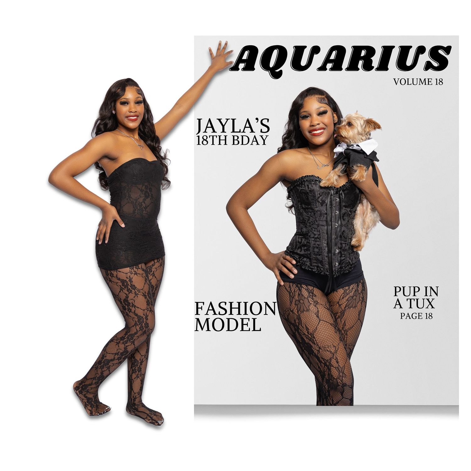 Black and white fashion photography layout with decorative text elements.