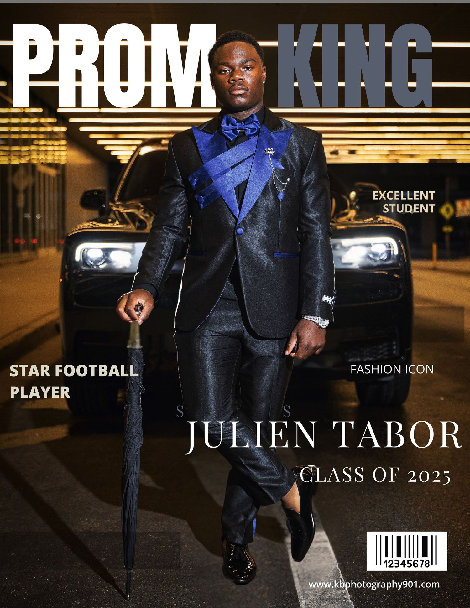 Fashion magazine cover featuring star football player in sleek blue tuxedo next to luxury car.