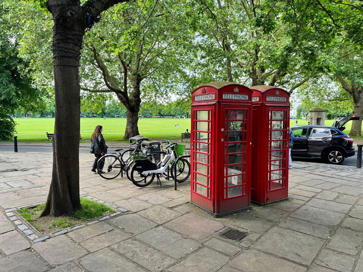 British phone booths on Richmond Green, Eng