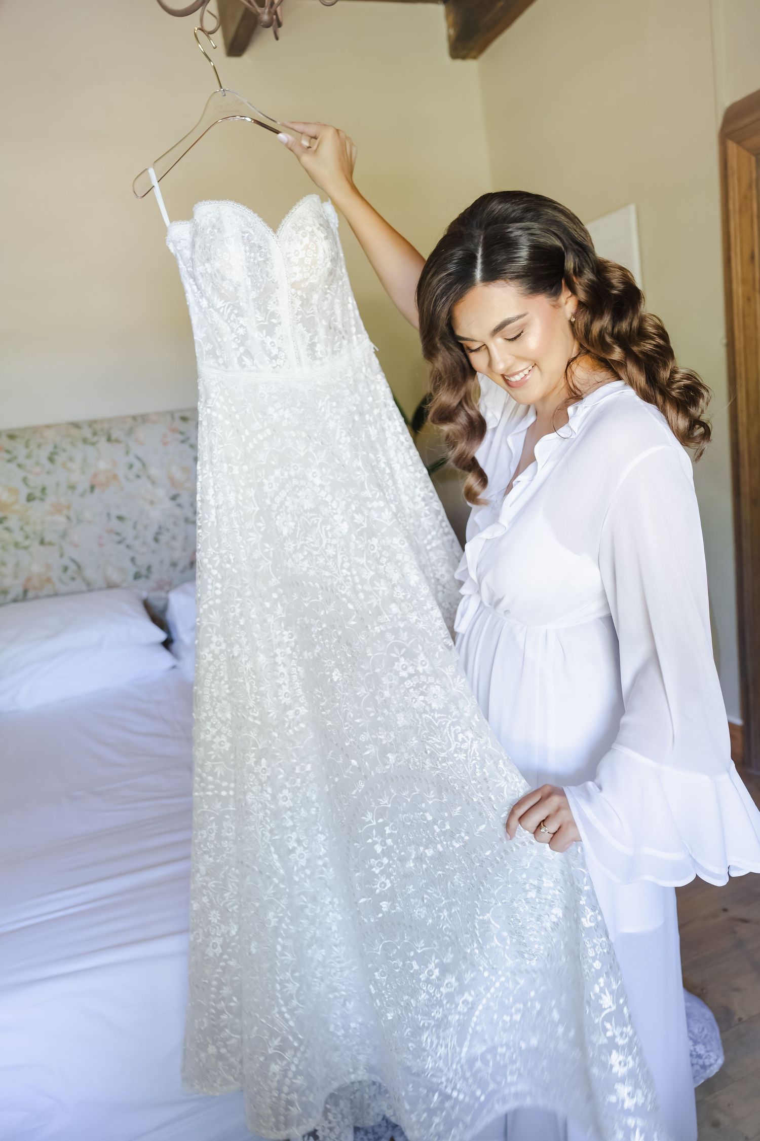 A sequence of getting ready photos showing someone in a white robe next to a sparkly wedding dress hanging up.