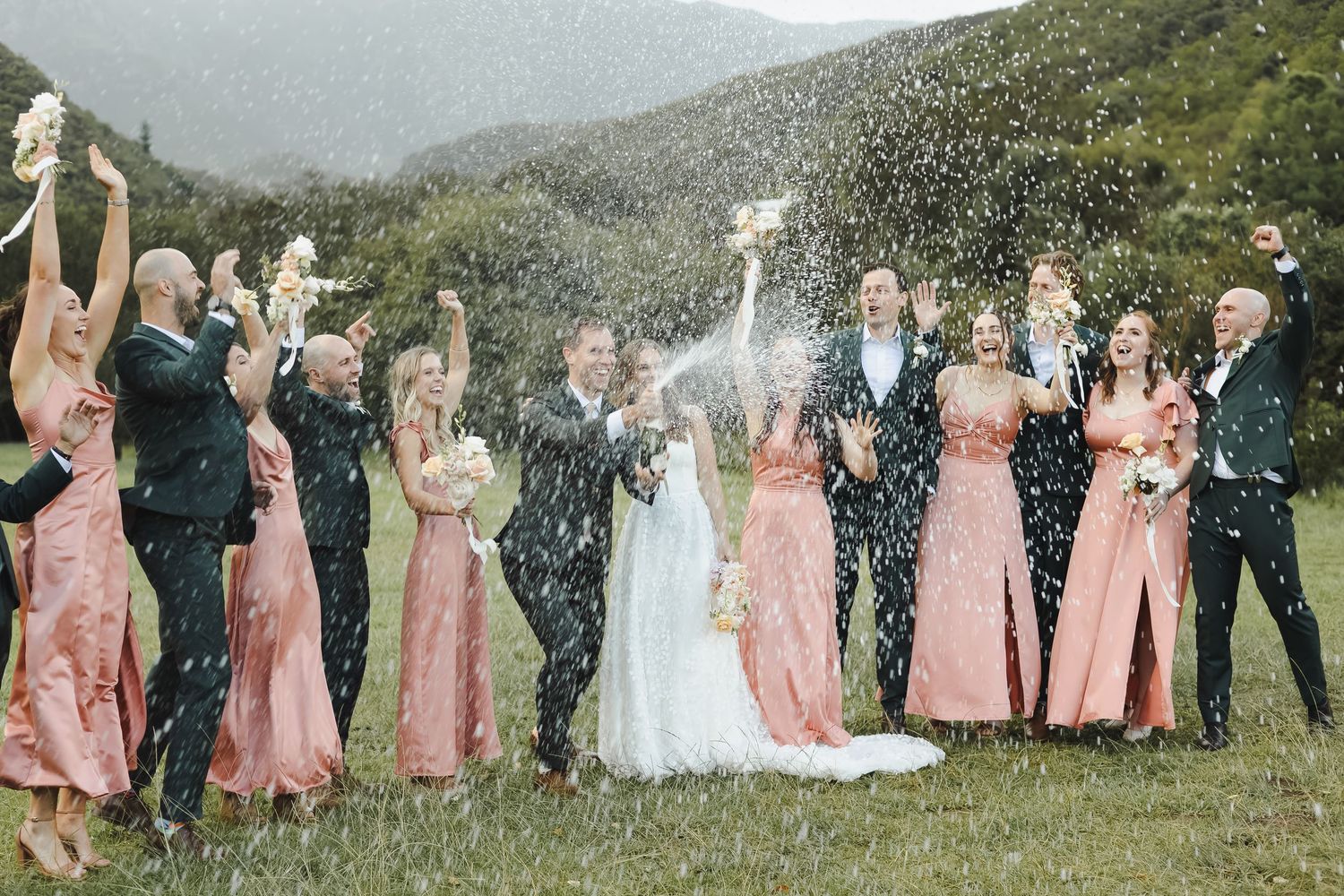 Wedding party in pink dresses and dark suits celebrates with confetti on a grassy hillside.