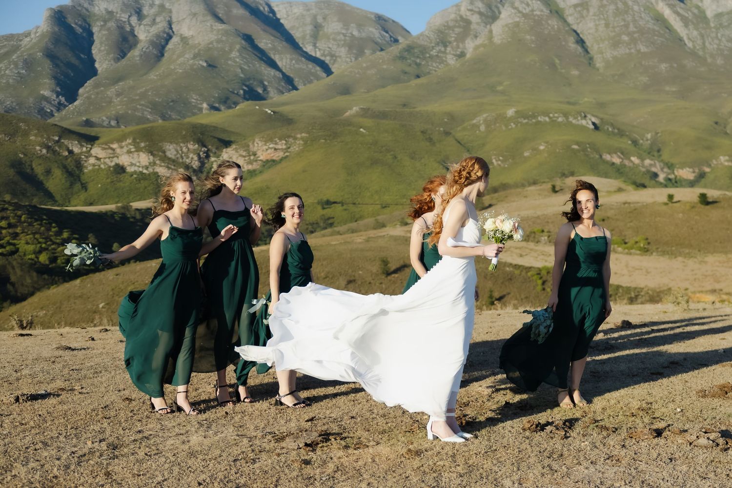 Wedding party poses on mountain slope with scenic mountain peaks and valleys in background during outdoor celebration.