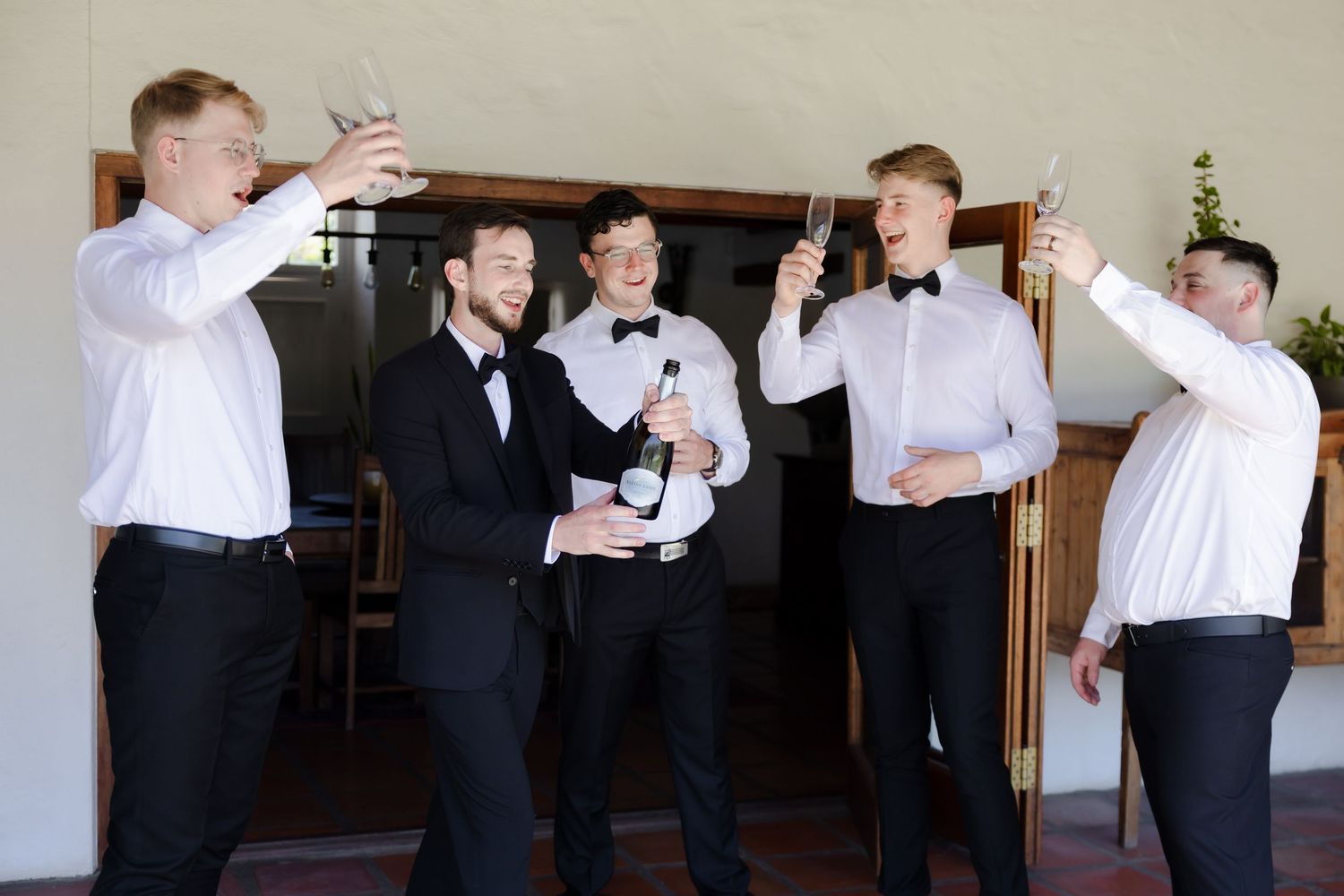 A group of formally dressed people raising glasses in a celebratory toast.
