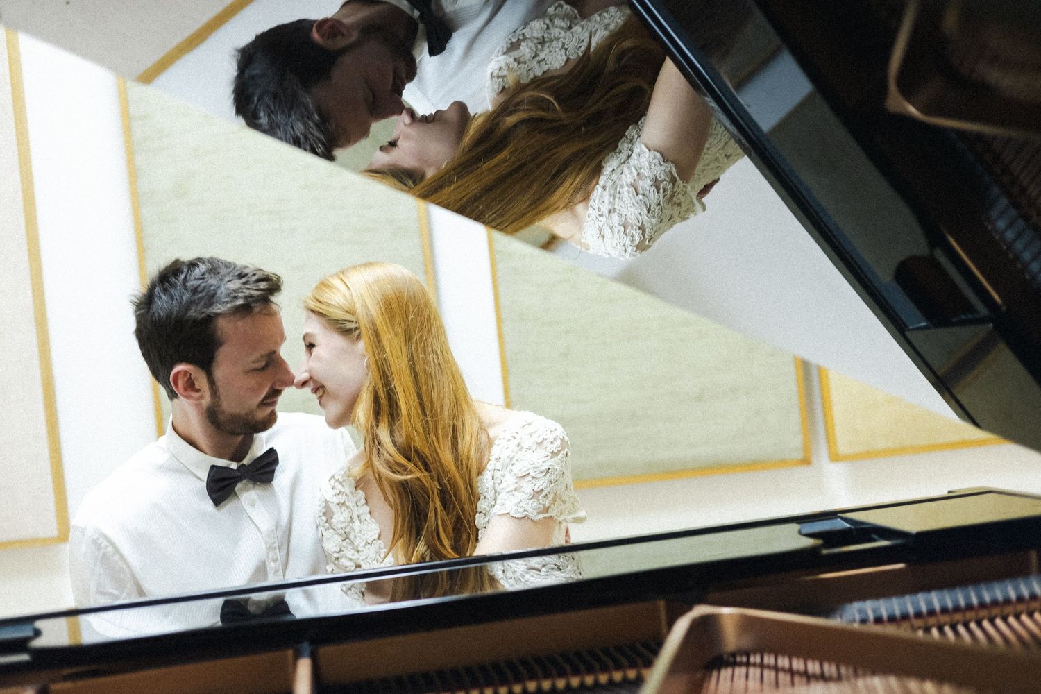 A couple shares a romantic moment at a grand piano, with multiple artistic shots showing their tender interaction.