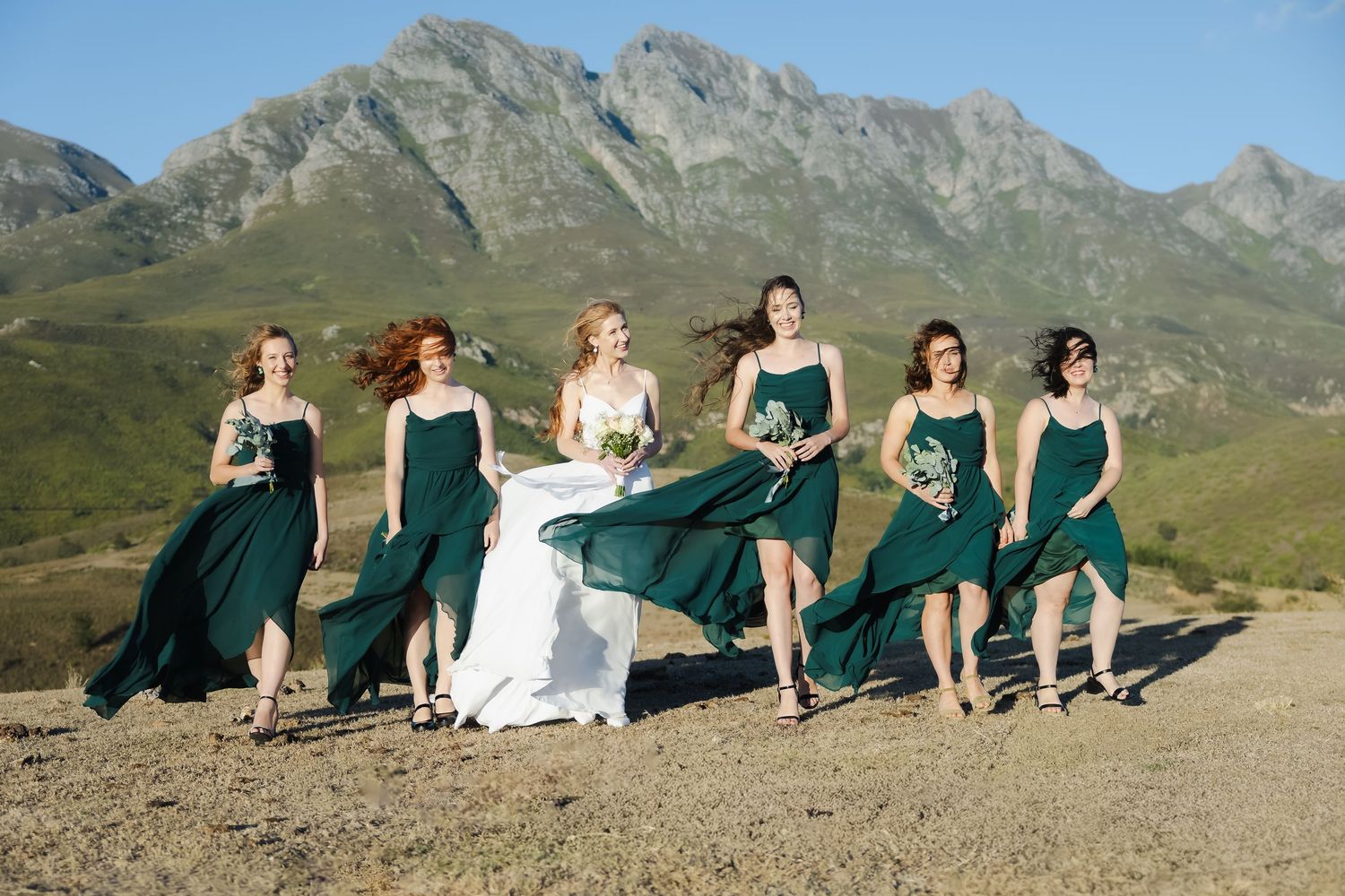 Wedding party in emerald green dresses pose together on a mountaintop with majestic peaks in the background.