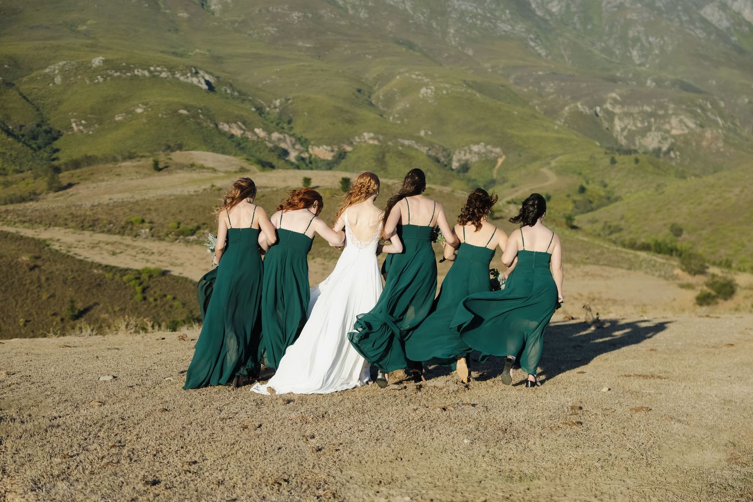 Wedding party members sit together on a mountain slope with dramatic peaks in the background.