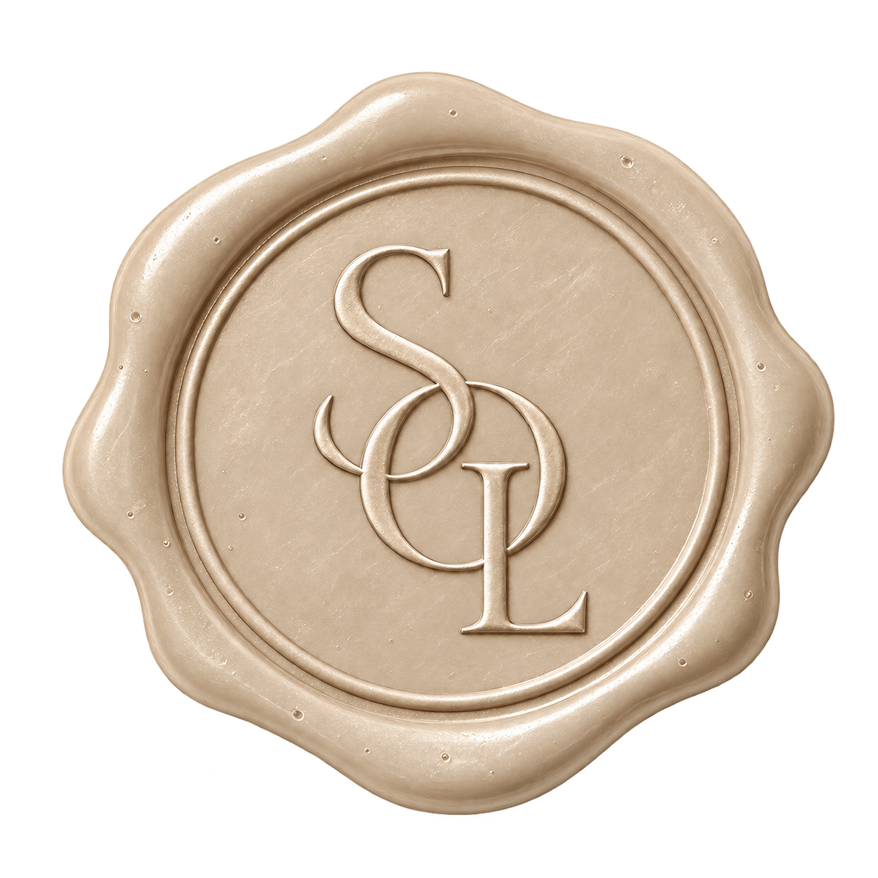 Elegant beige wax seal stamp with intertwined SCL monogram letters, perfect for luxury branding or wedding stationery.