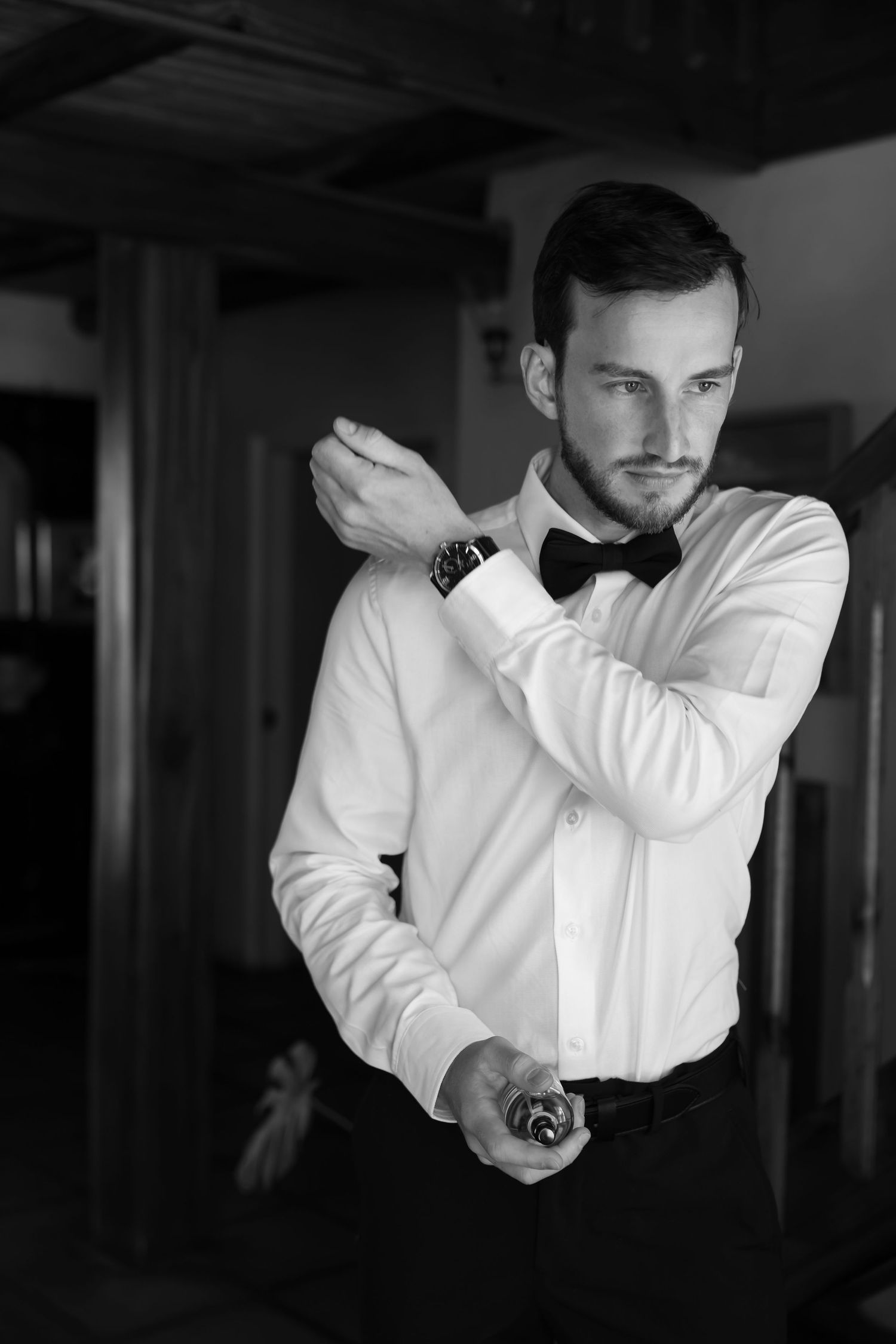 Black and white portraits showing elegant poses in formal attire with dramatic lighting.