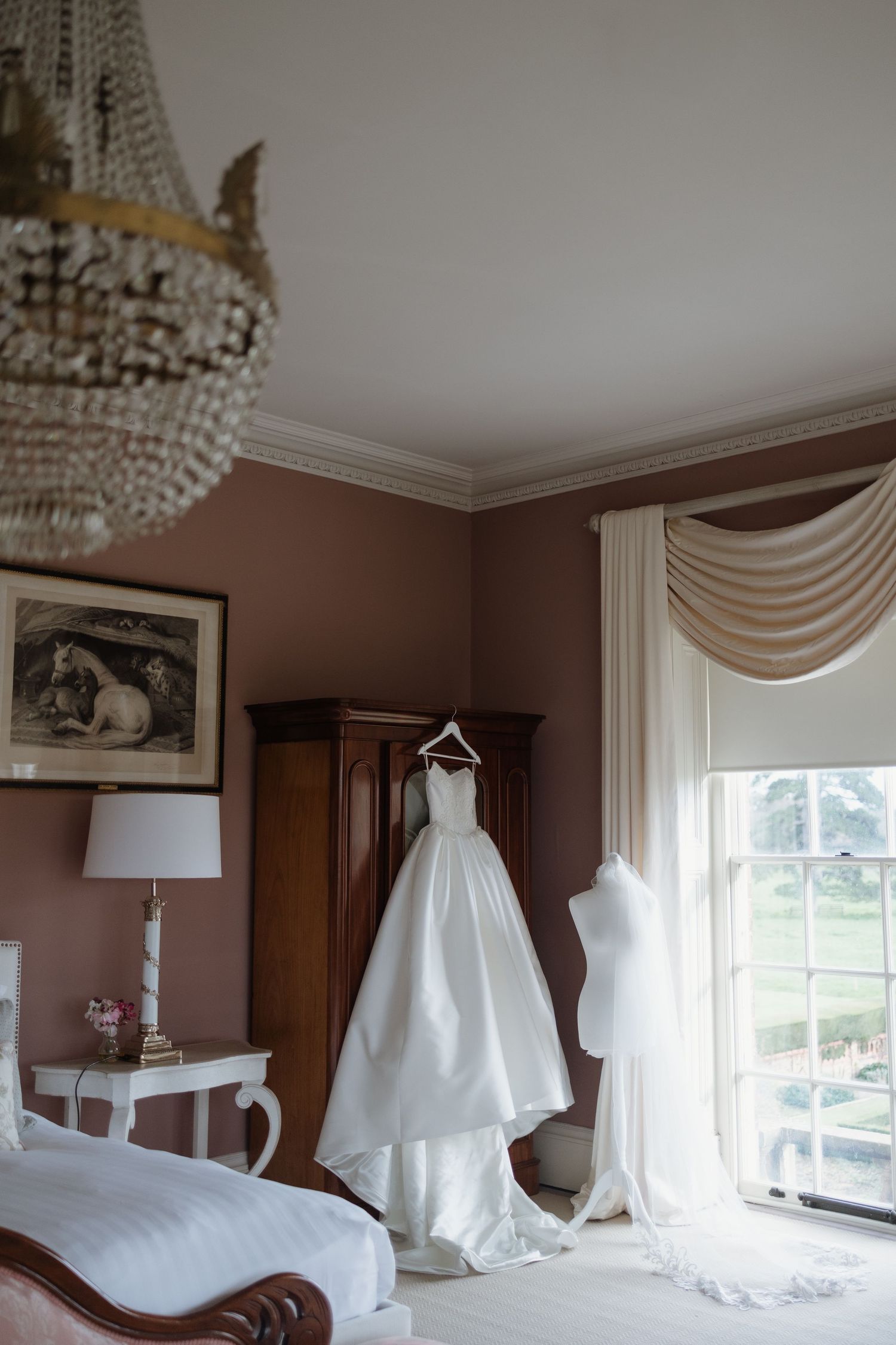 Dress hanging in bridal suite in Berwick House