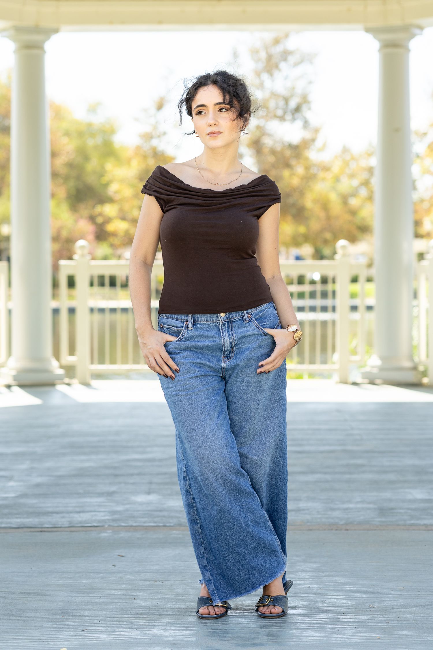 Afternoon shoot inside Gazebo at Harveston Lakes Park, Temecula, CA. Lifestyle editor, relaxed, pose lightly directed by photographer.