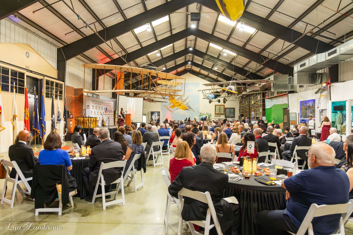 Milvet 10th Anniversary Honors Gala setup and guests at March Field Air Museum.