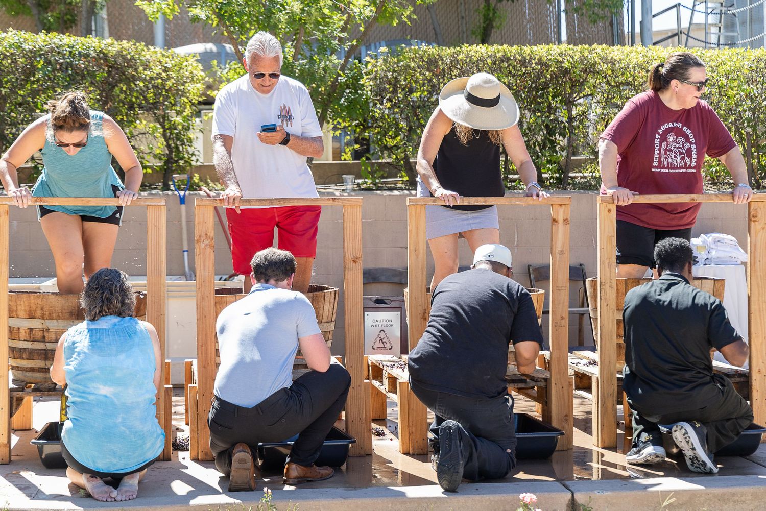 Group of volunteers building wooden structures outdoors on a sunny community service day.