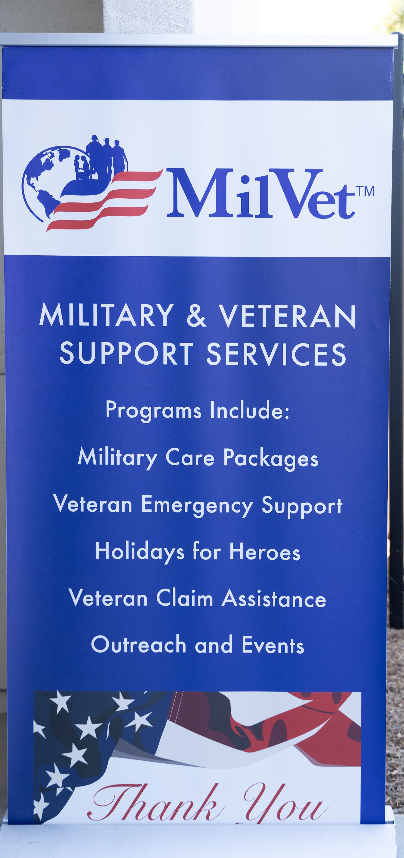 MilVet Military and Veteran Support Services banner listing programs including care packages and outreach.