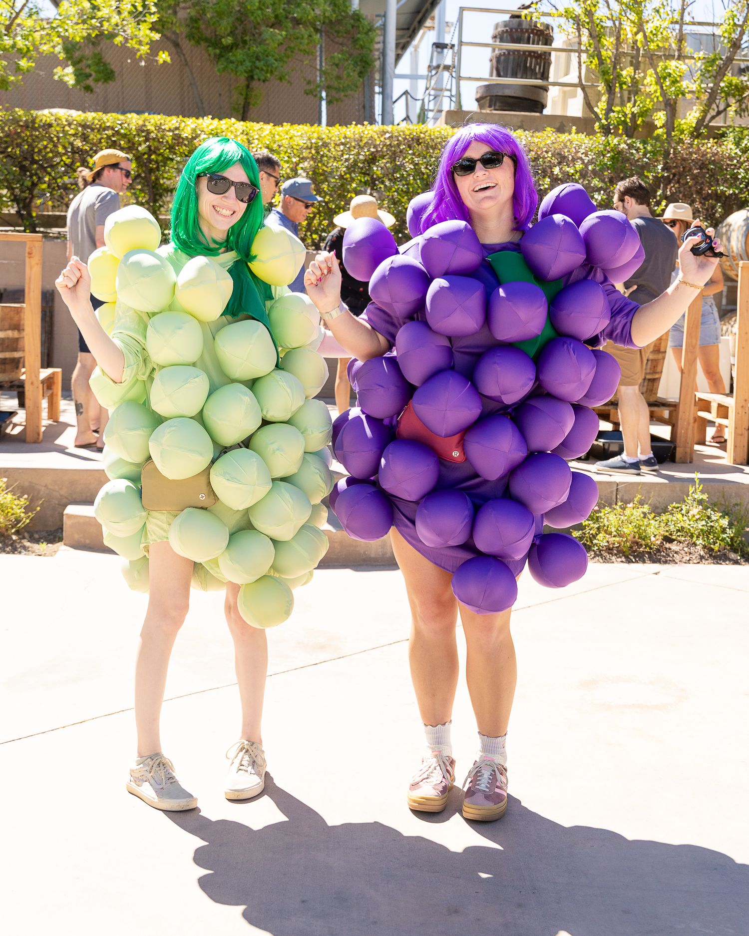 Two people wearing colorful grape cluster costumes with balloons at an outdoor festival.