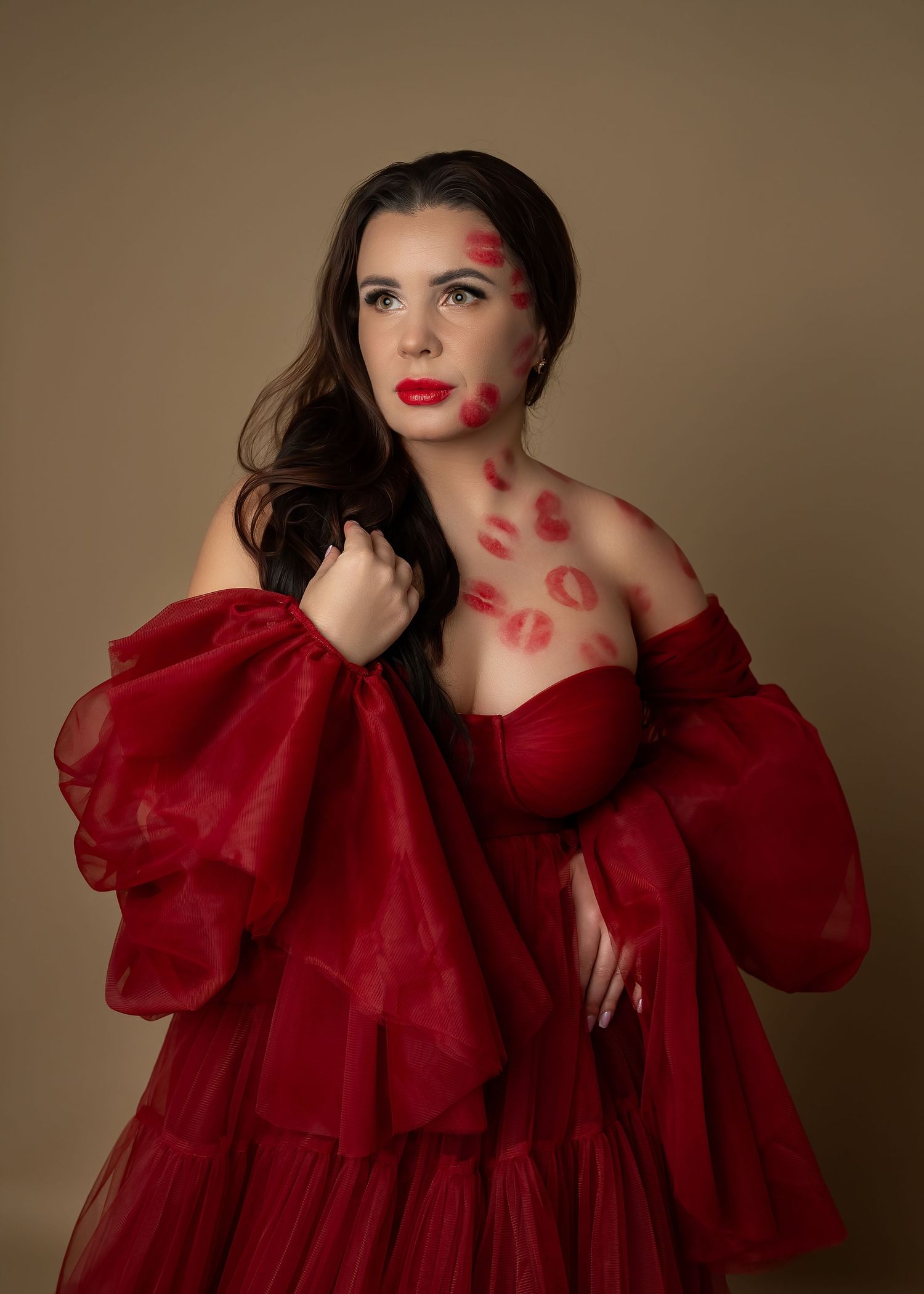 Maternity photography portrait in Gravesend Kent with elegant red dress studio photoshoot