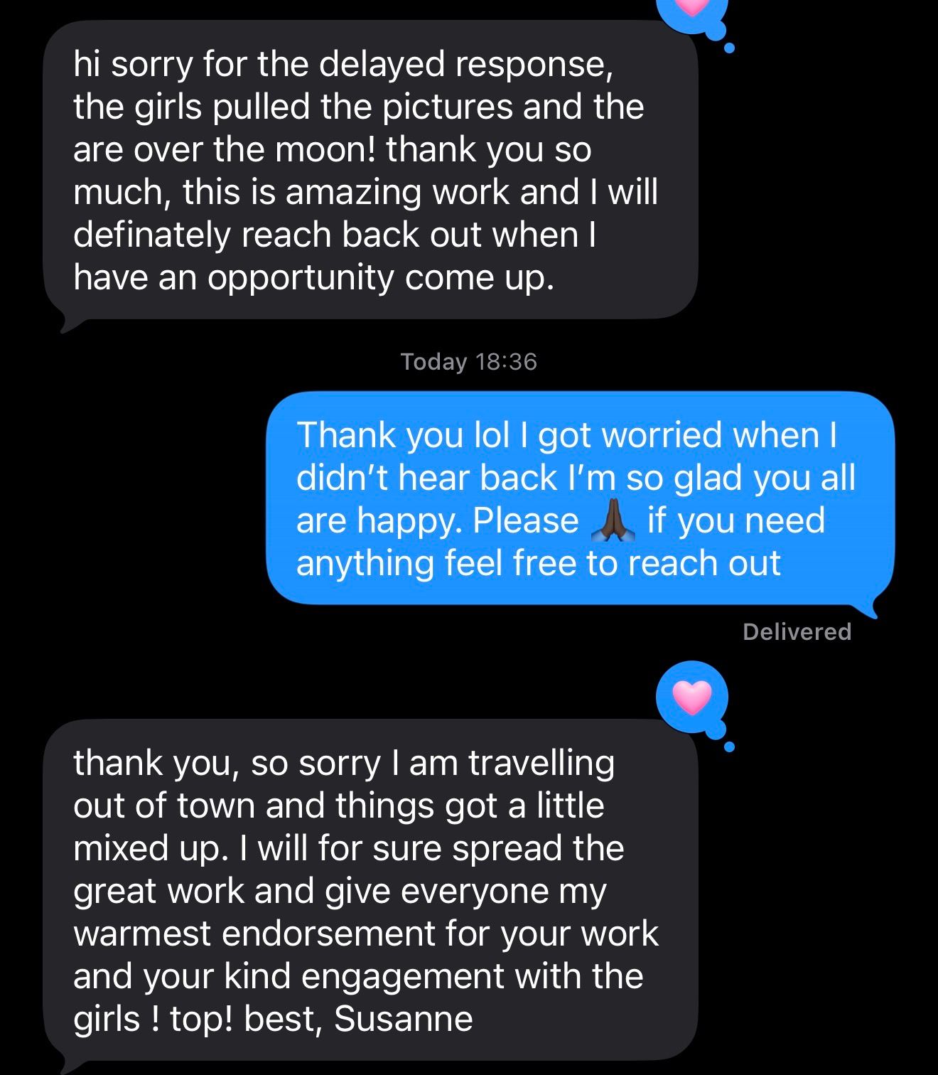 Screenshot of a positive client text message conversation praising photography work and promising referrals.