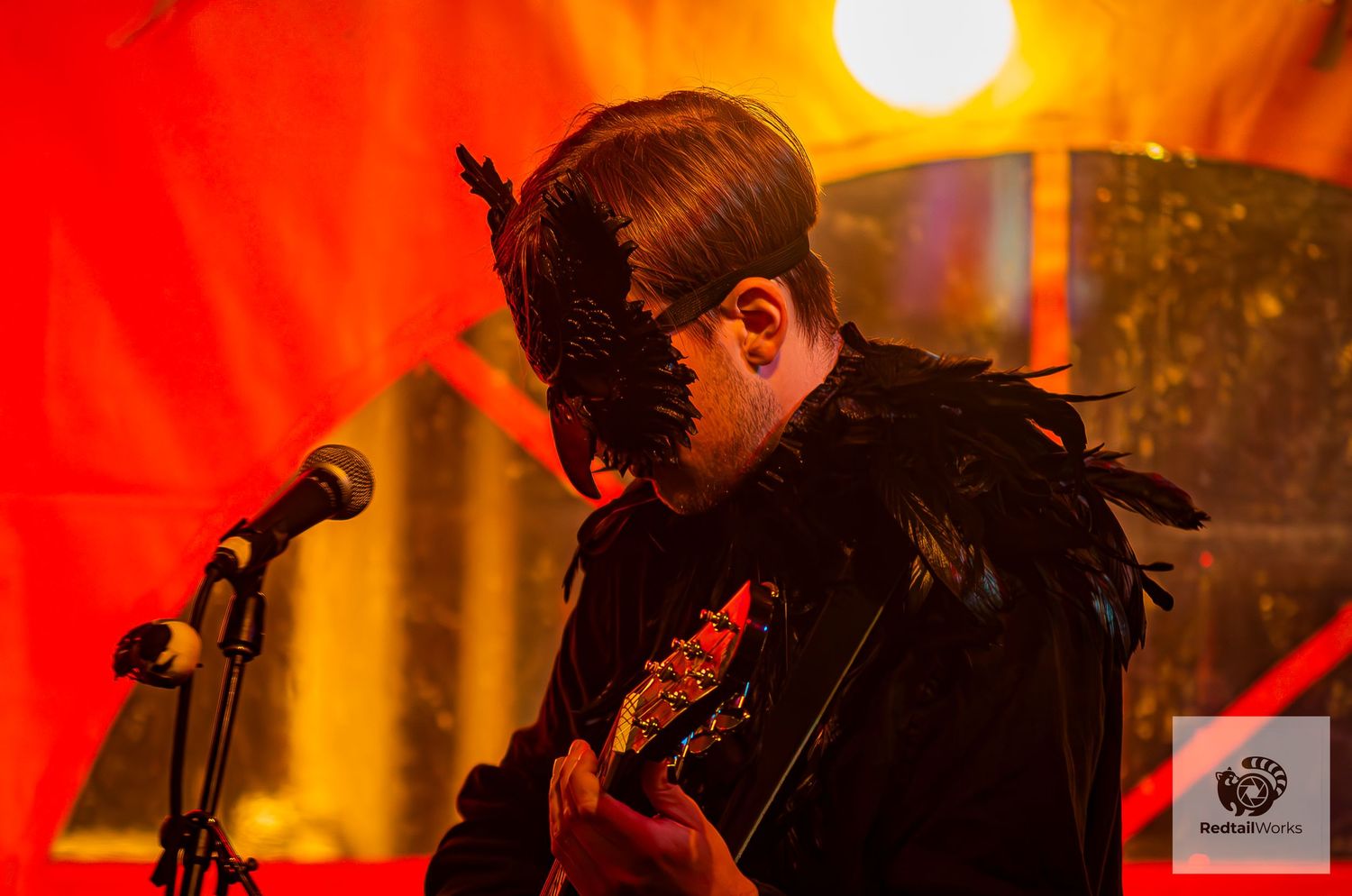 Performer wearing a black feathered mask playing guitar on a red-lit stage.