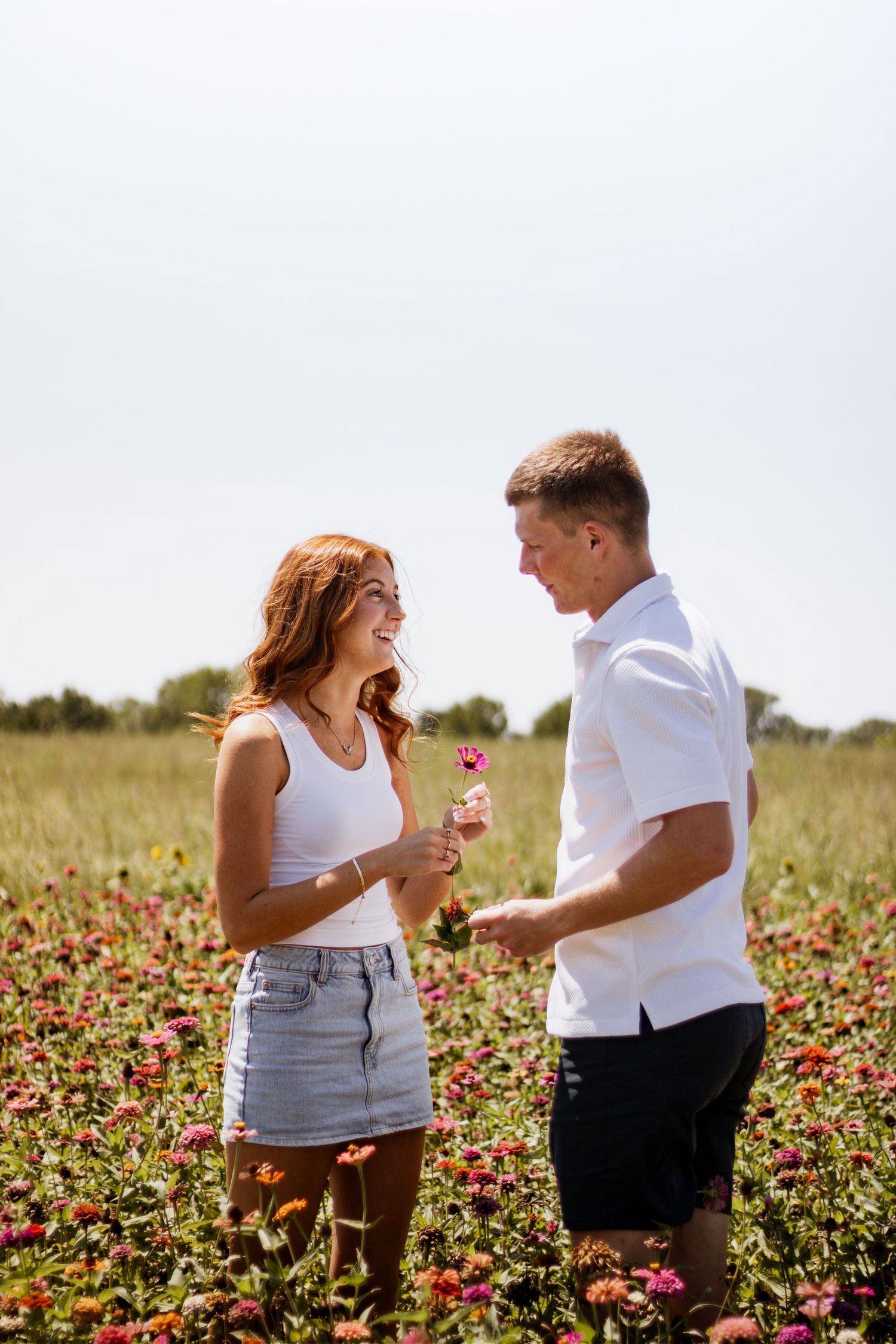 A smiling couple shares a pink flower in a colorful blooming field on a sunny day.