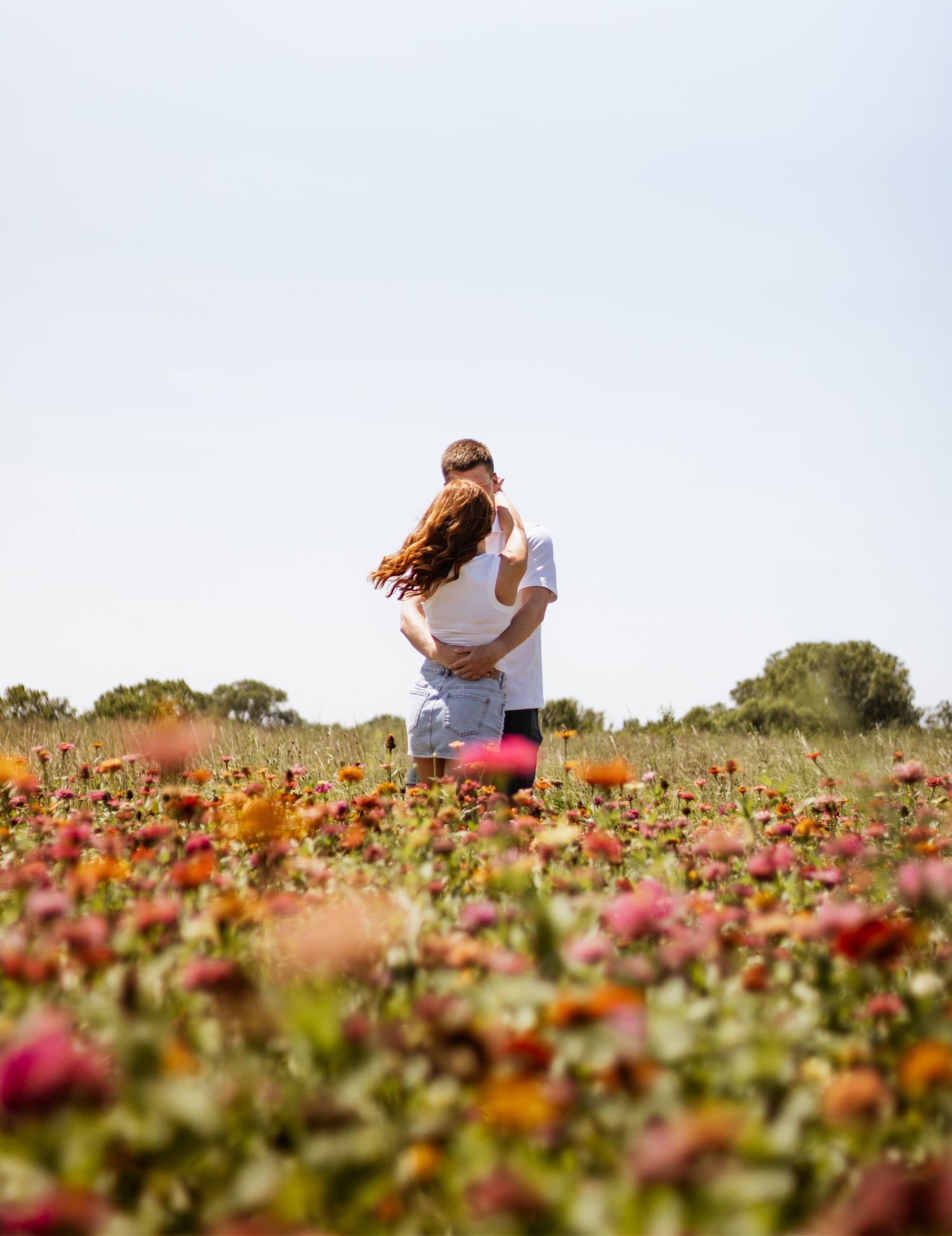 Couple embracing in a vibrant field of colorful zinnia flowers under a clear sky.