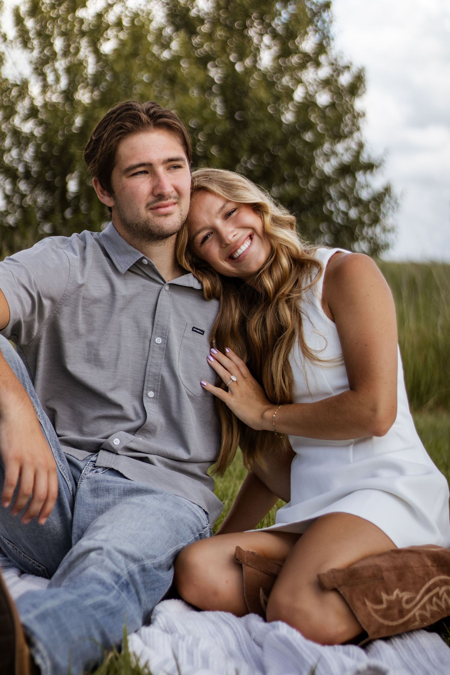 Smiling couple sitting on blanket in grass, woman in white dress leaning on mans shoulder outdoors.
