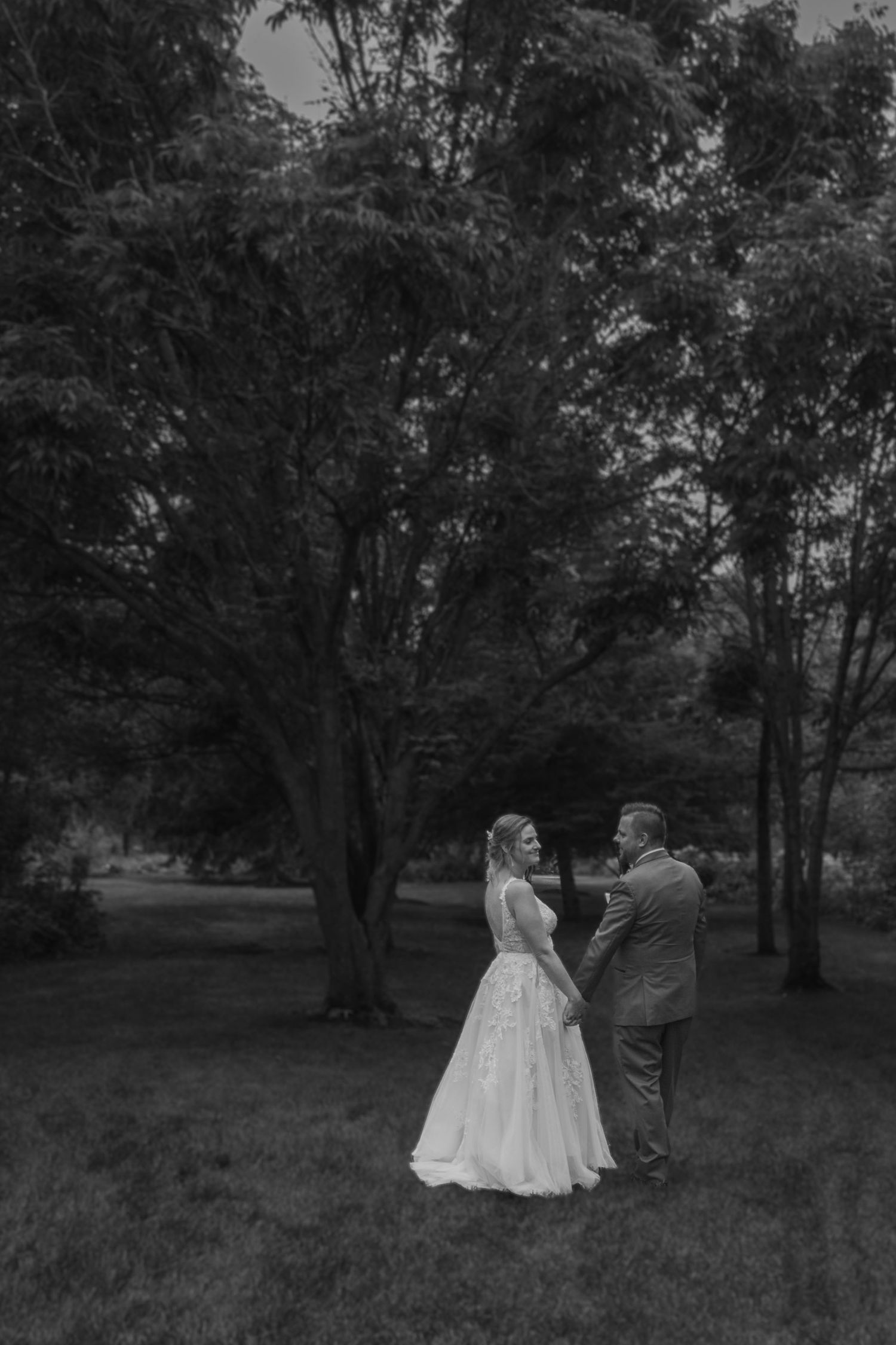 Black and white portrait of bride and groom holding hands while standing beneath a large tree in a park.