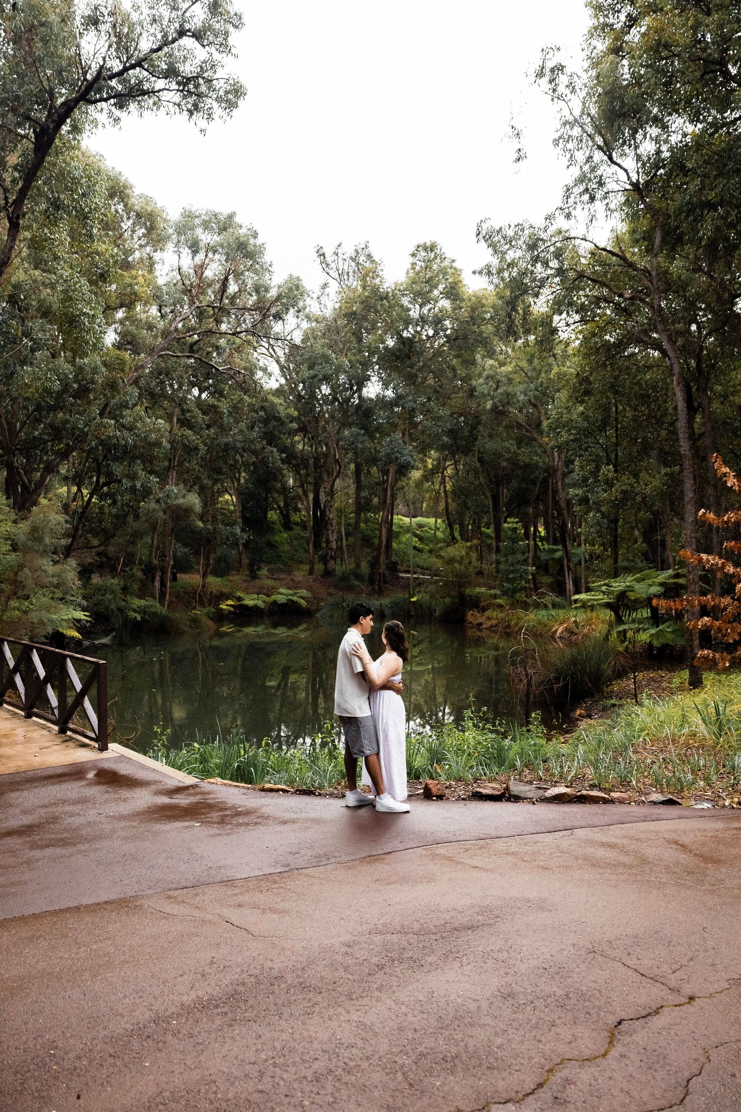 Couple embracing on a wet path beside a serene green pond surrounded by lush eucalyptus trees in a forest park.