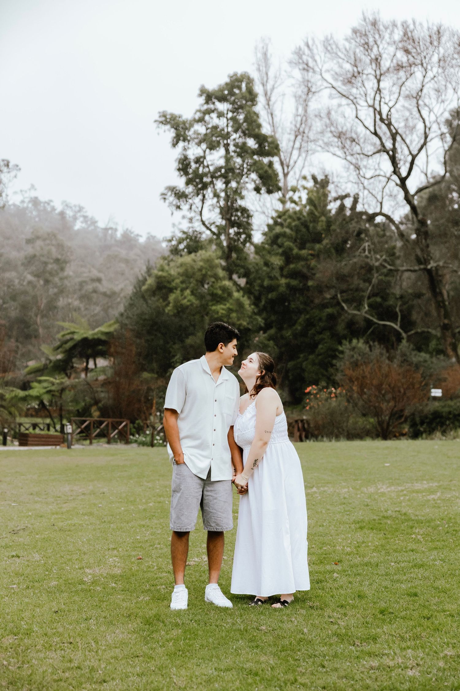 Couple holding hands and gazing at each other on a green lawn with foggy trees behind.