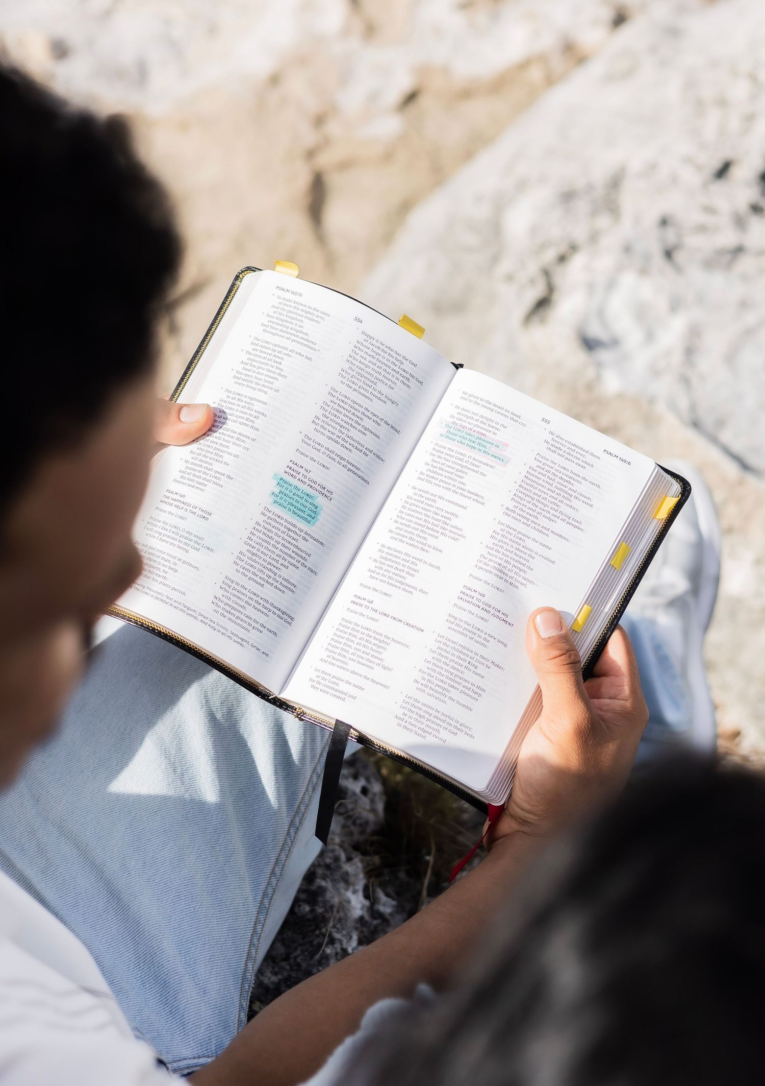 Person reading a highlighted Bible while sitting on rocks outdoors in bright sunlight.