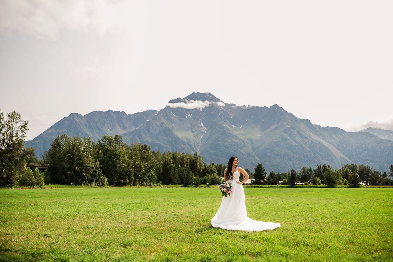 A wedding dress flows in the wind against majestic mountain peaks and green meadows in Alaska.