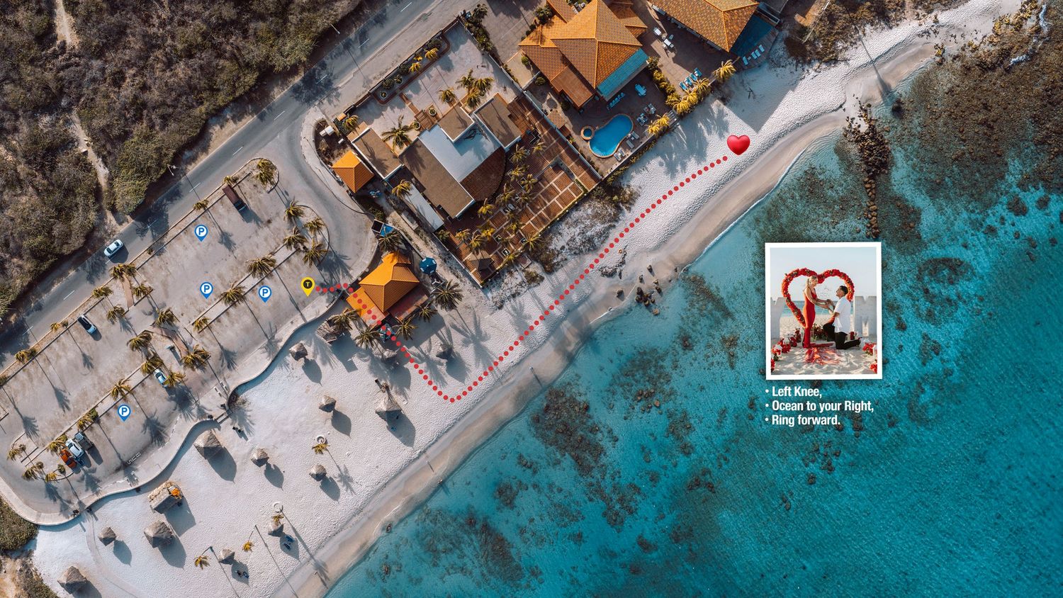 Aerial view of a beachfront resort with wooden boardwalks and clear turquoise waters along the coastline.