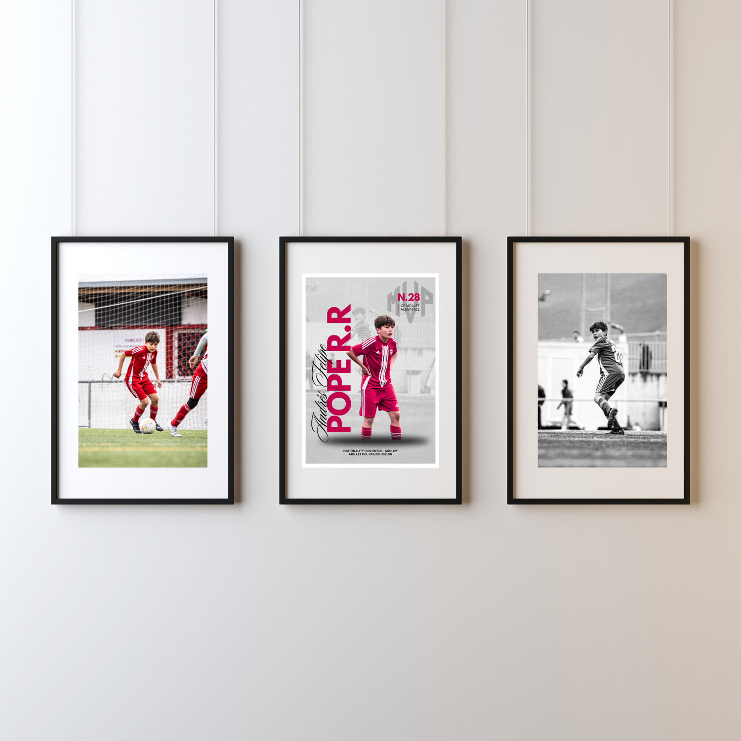 Three framed soccer player photos displayed on wall including action shots and black and white portrait.