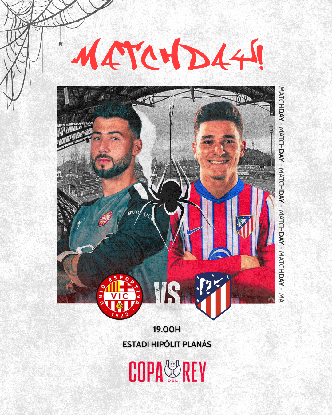 Halloween themed Copa Rey matchday poster showing two players with spider web design elements.