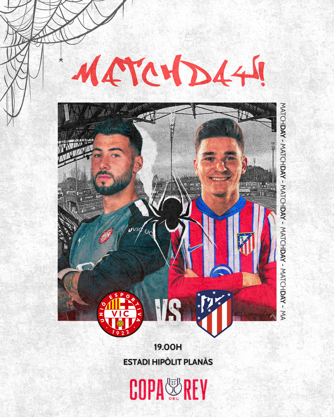 Copa del Rey matchday poster featuring two players facing off at Estadi Hipolit Planas at 19:00.