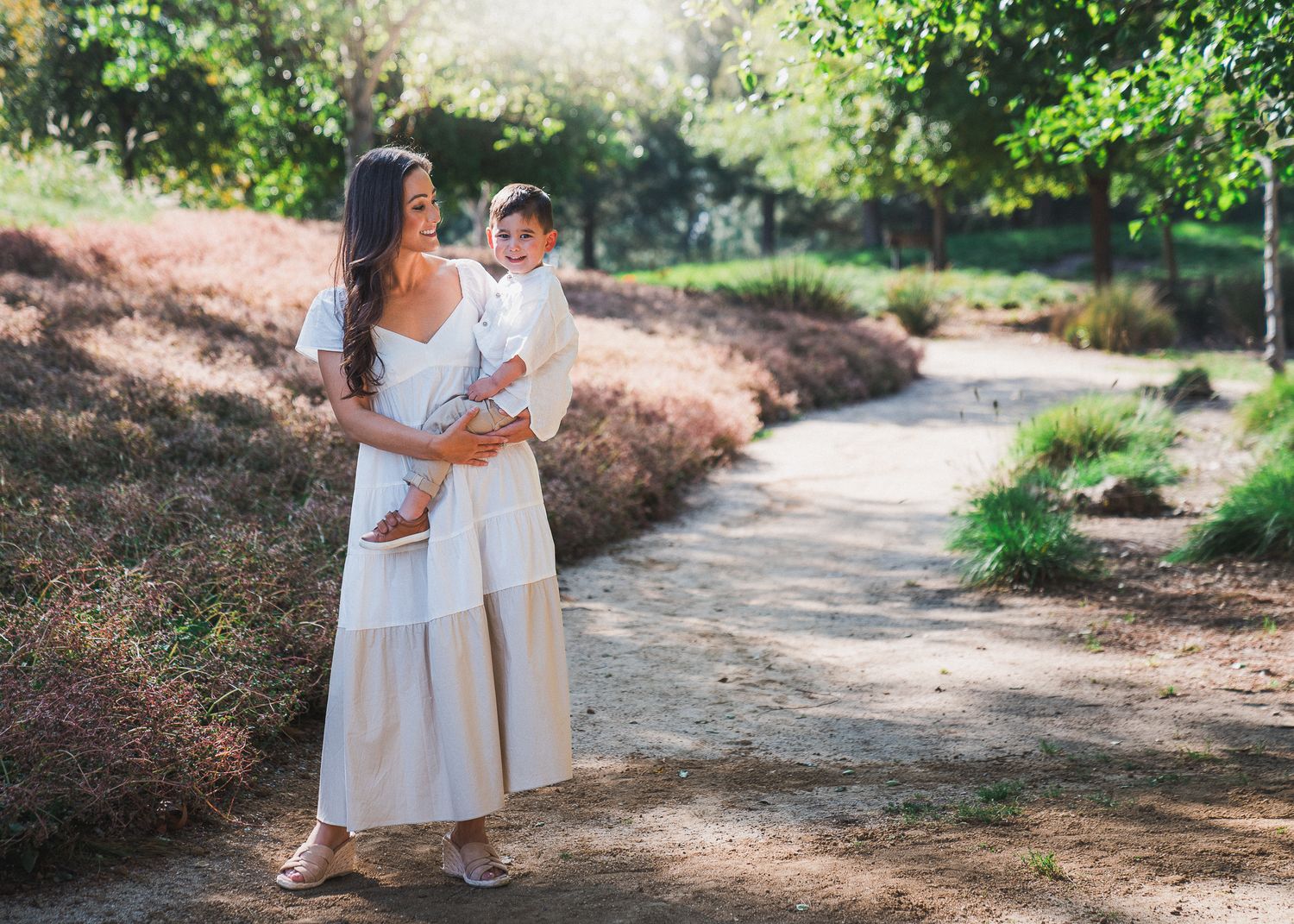 A beautiful garden path scene in soft natural lighting surrounded by flowering bushes and greenery.