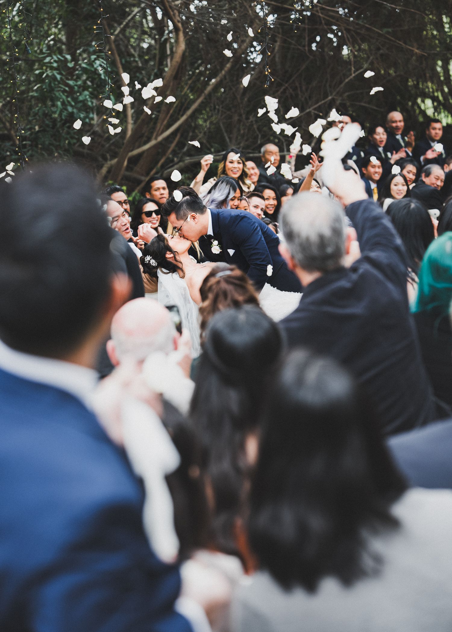 A wedding crowd photo sequence showing guests gathered outdoors under trees with natural lighting.