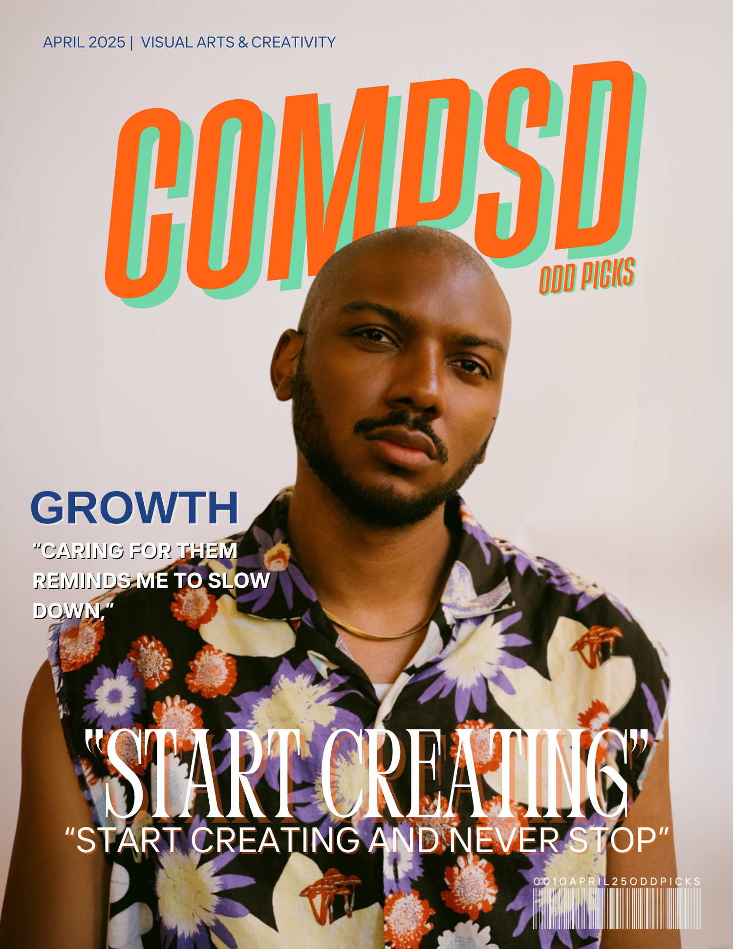 Magazine cover of COMOSD featuring a figure in a floral shirt against a minimalist background with orange and teal text.