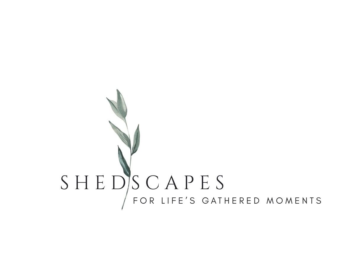 Shedscapes logo featuring an olive branch and the tagline For Life's Gathered Moments.