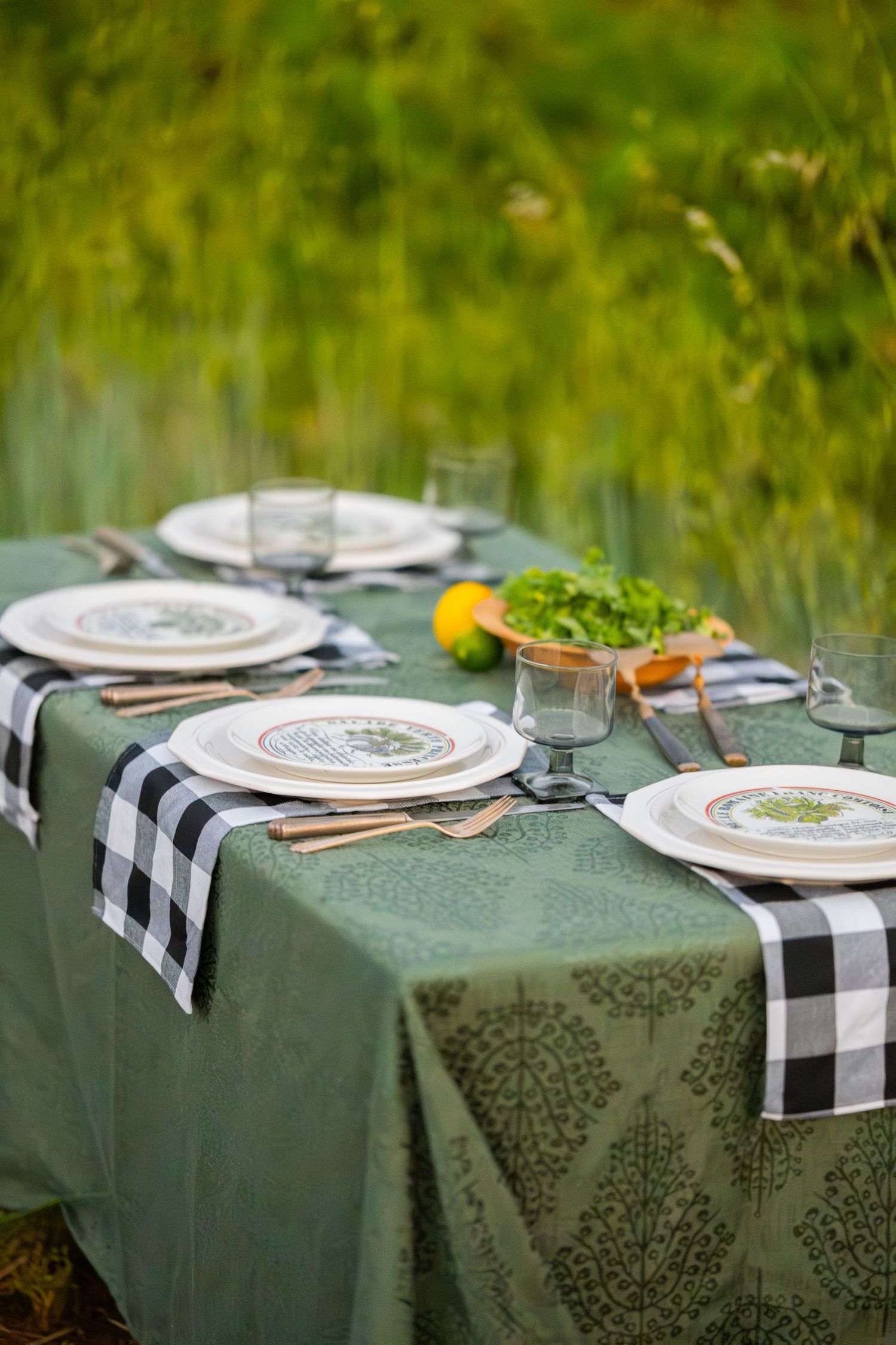 Elegant outdoor table setting with green patterned tablecloth, black gingham runner, white plates, and fresh herbs centerpiece.
