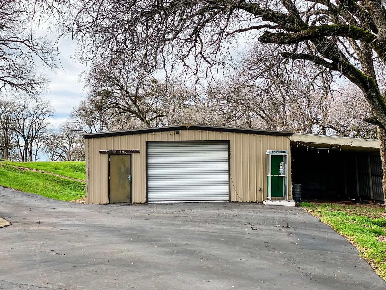 Metal storage building with white roll-up door and green surroundings on a curved driveway.