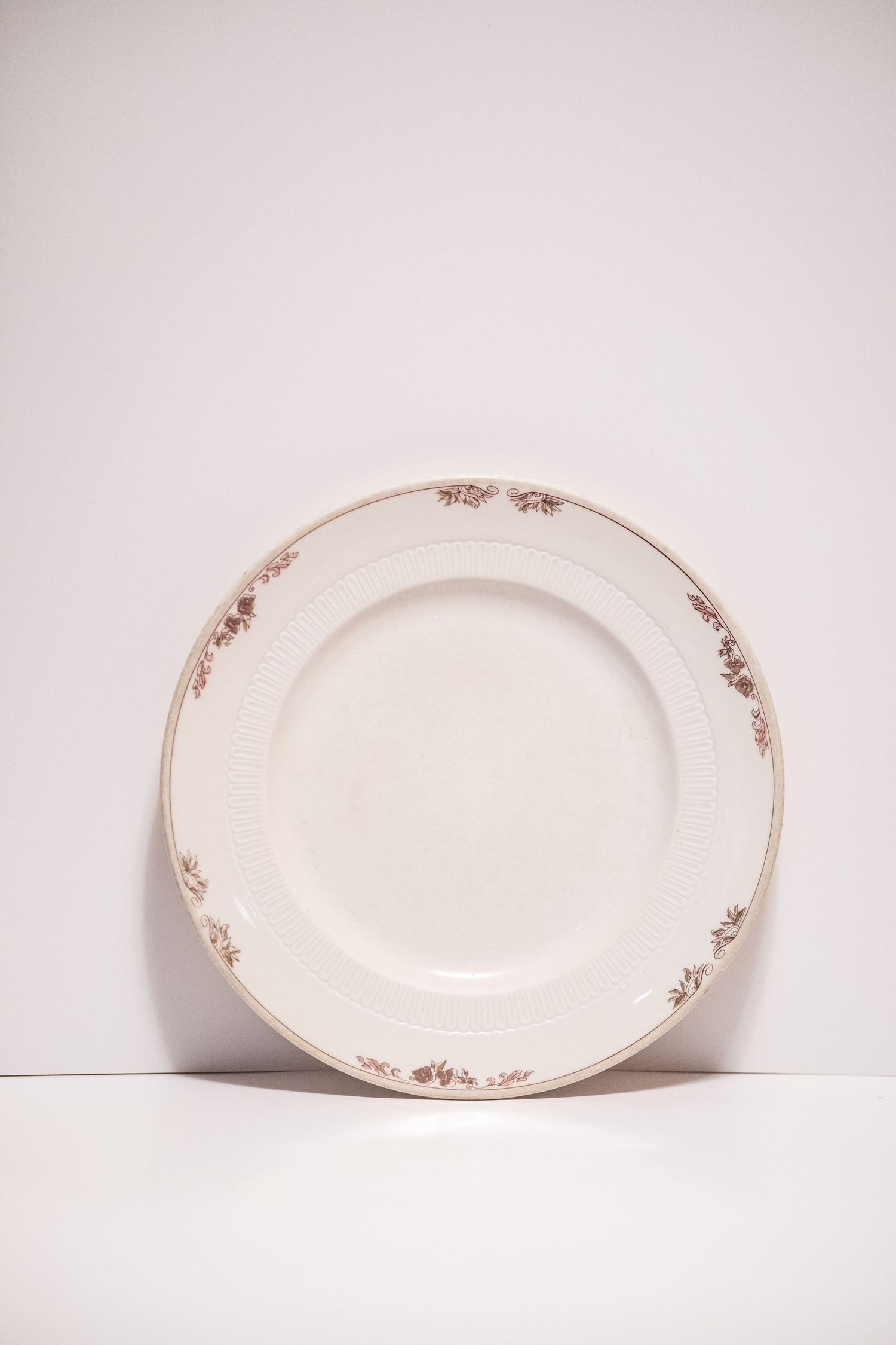 White ceramic dinner plate with delicate floral border design and gold trim, displayed upright against white background.